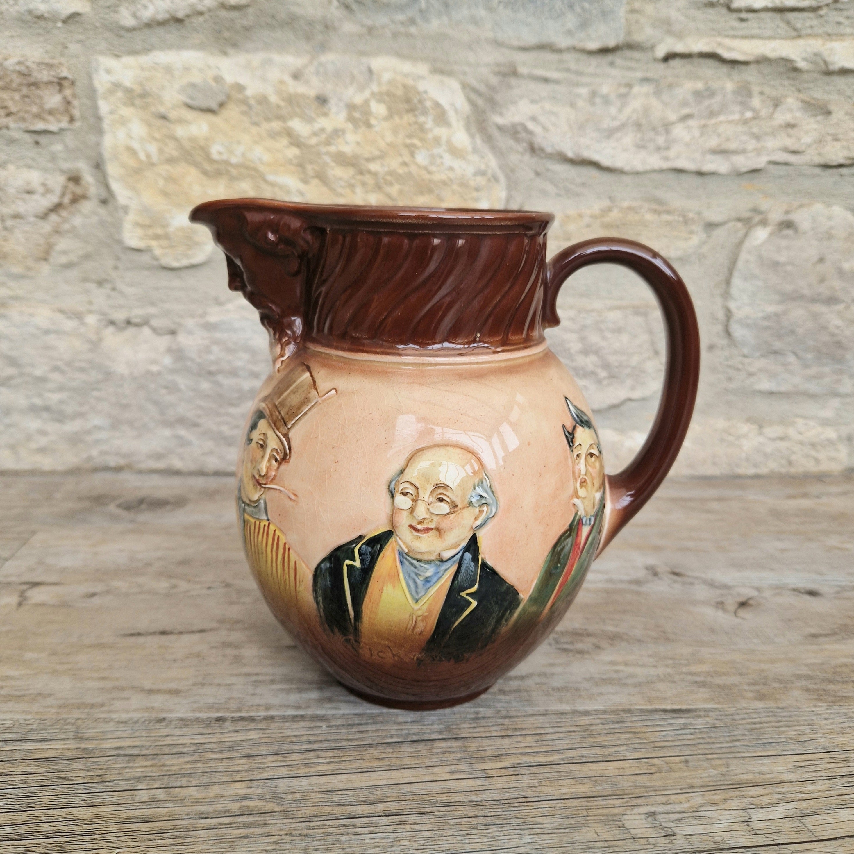 Royal Doulton Charles Dickens Pitcher: Antique Raised Relief Ceramic Jug Made in England