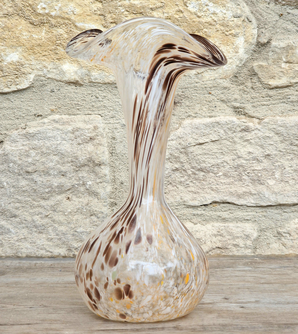 Vintage Art Glass Confetti Vase, Handblown Clear Glass with White, Amber, Brown Flecks, Flared Rim