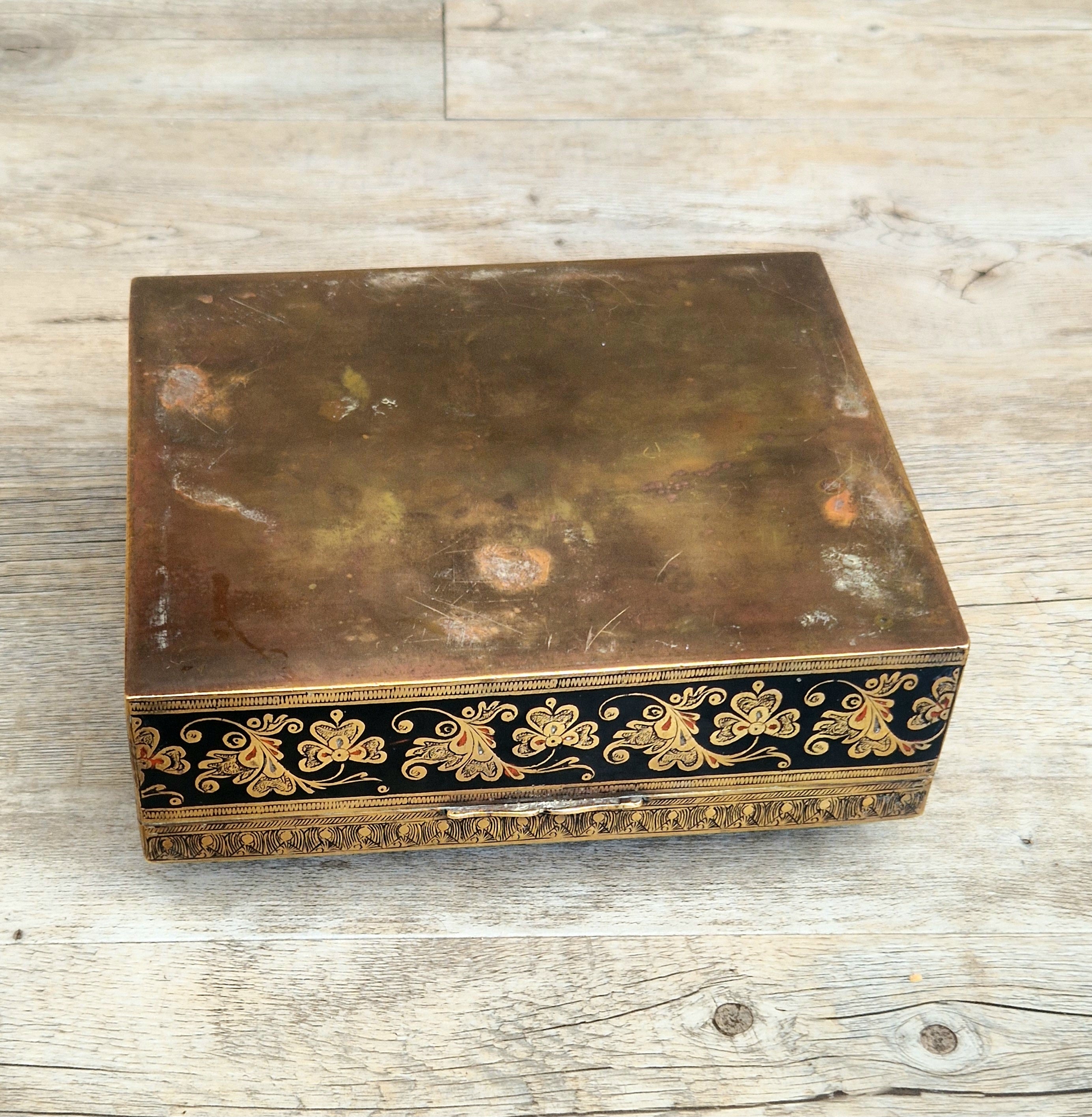 Vintage Brass Black Enamelled Large Ornate Teak-Lined Desk Cigar Box