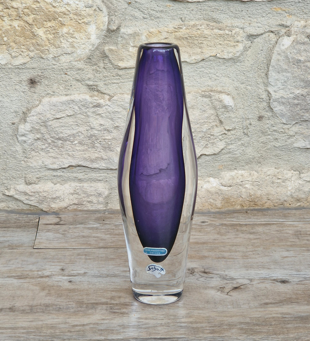 Vintage Smålandshyttan Sweden Amethyst Glass Vase Josef Schott Double Label Mid Century 20cm