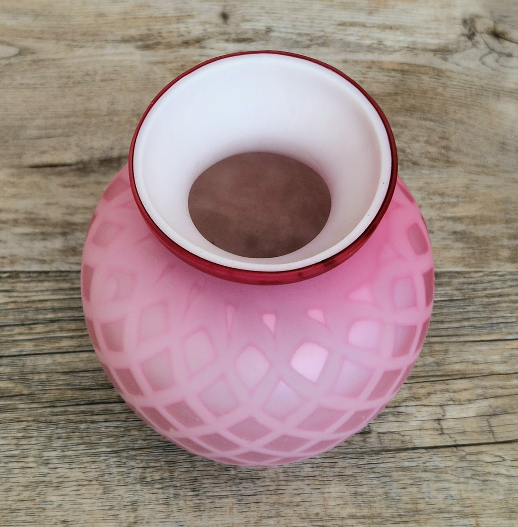 Antique Pink Satin Glass Vase - Victorian Diamond Quilted Mother of Pearl Art Glass - 19th Century Shaded Cranberry Cabinet Vase, Webb Style