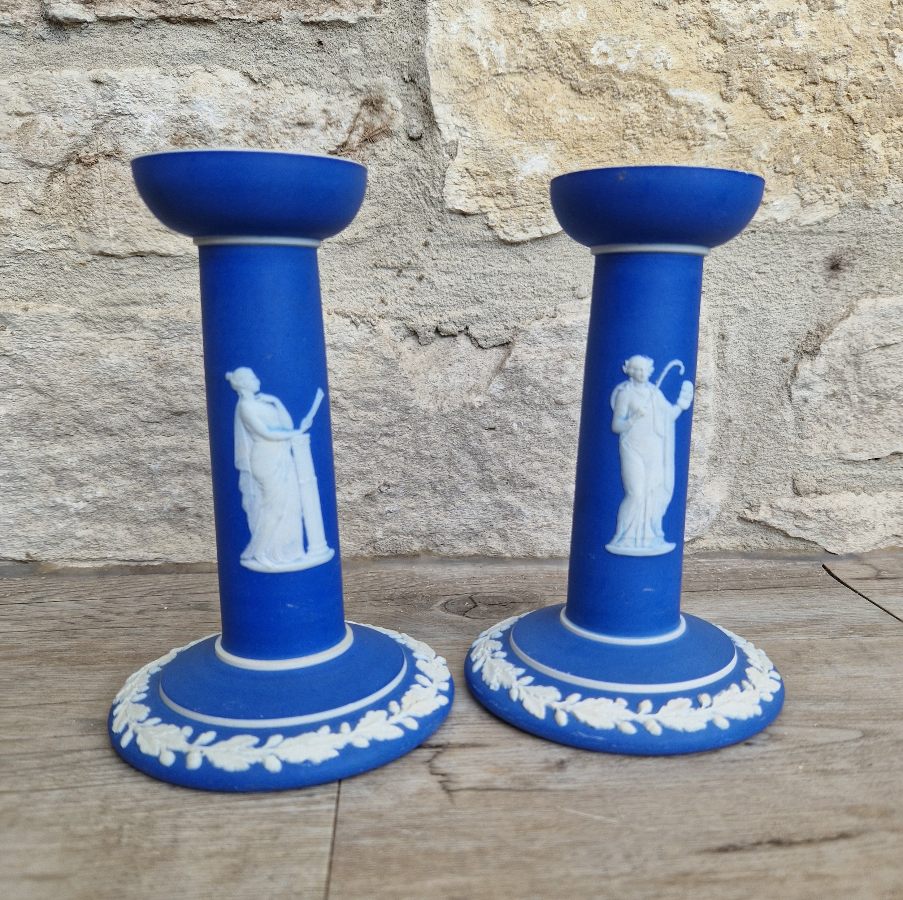 Vintage Wedgwood Jasperware Candlestick Pair: Dark Blue Taper Candle Holders