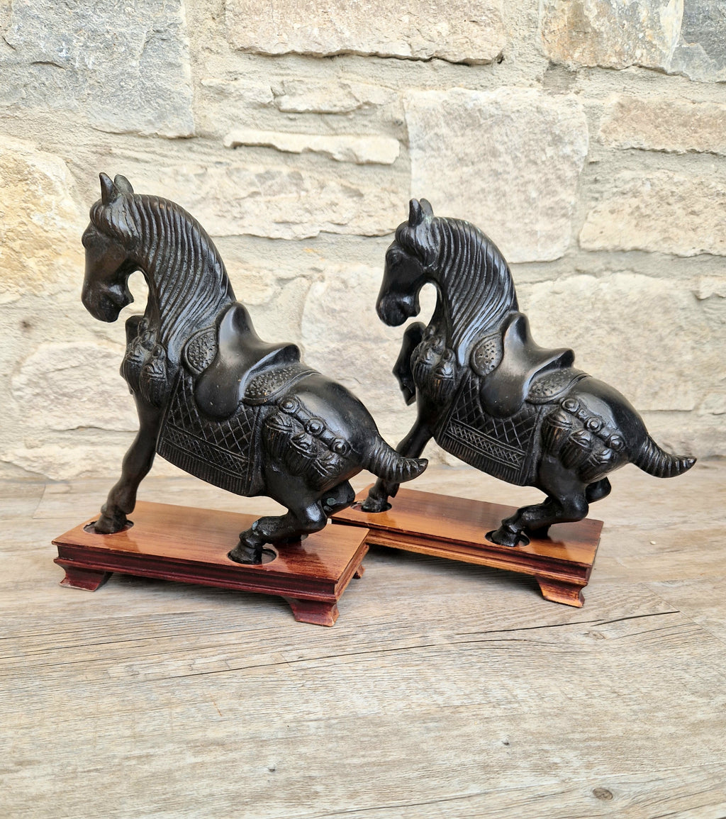 Fine Pair of Vintage Heavy Cast Bronze Tang-Style Chinese Horse Sculptures On Wooden Plinths
