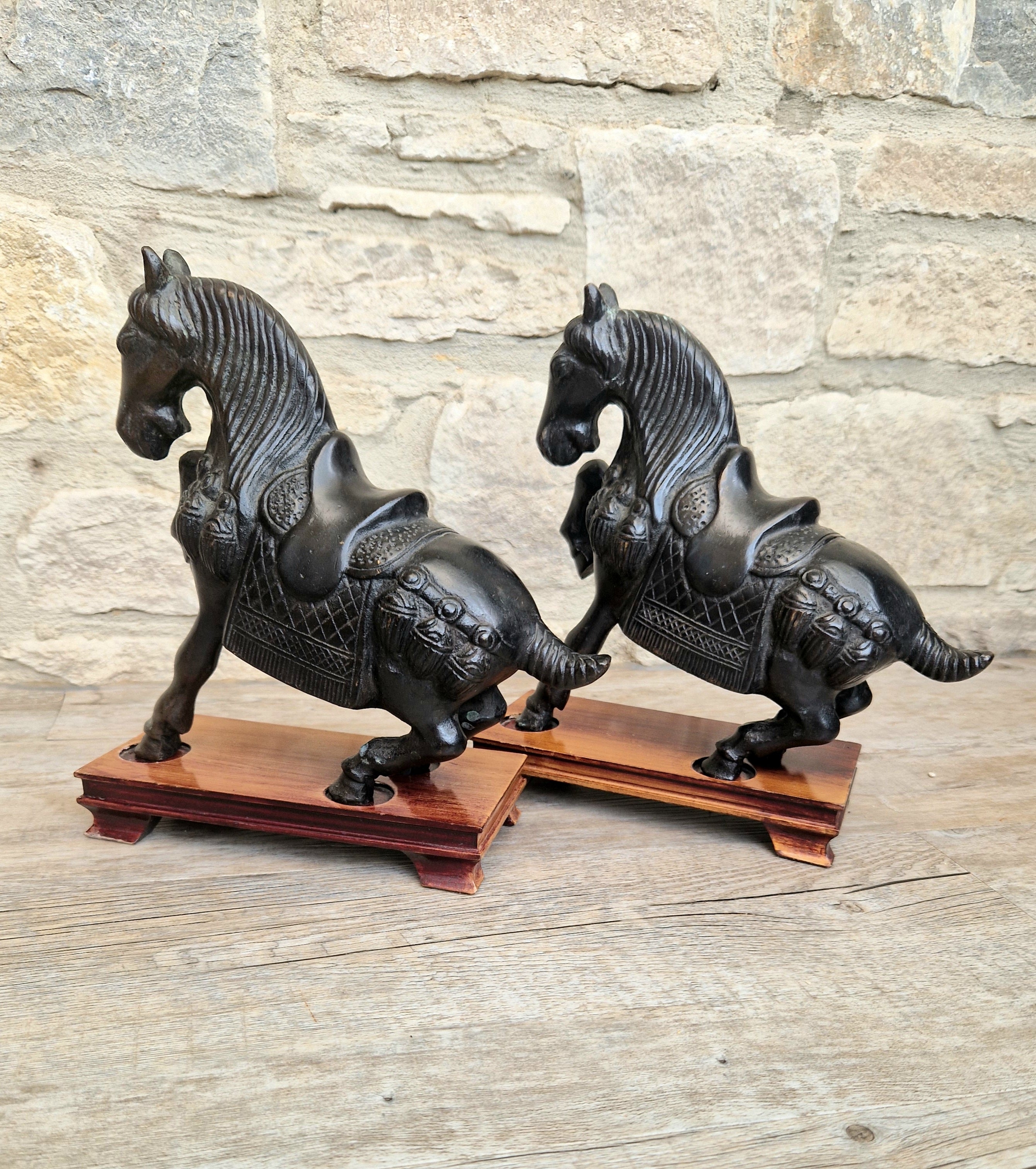 Fine Pair of Vintage Heavy Cast Bronze Tang-Style Chinese Horse Sculptures On Wooden Plinths