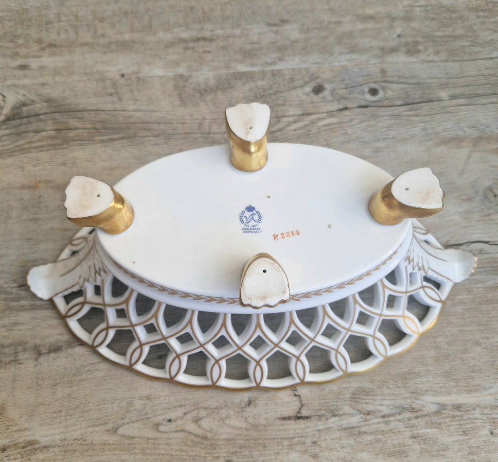 Large Vista Alegre Reticulated White & Gold Ceramic Basket Fruit Bowl Old Paris Style