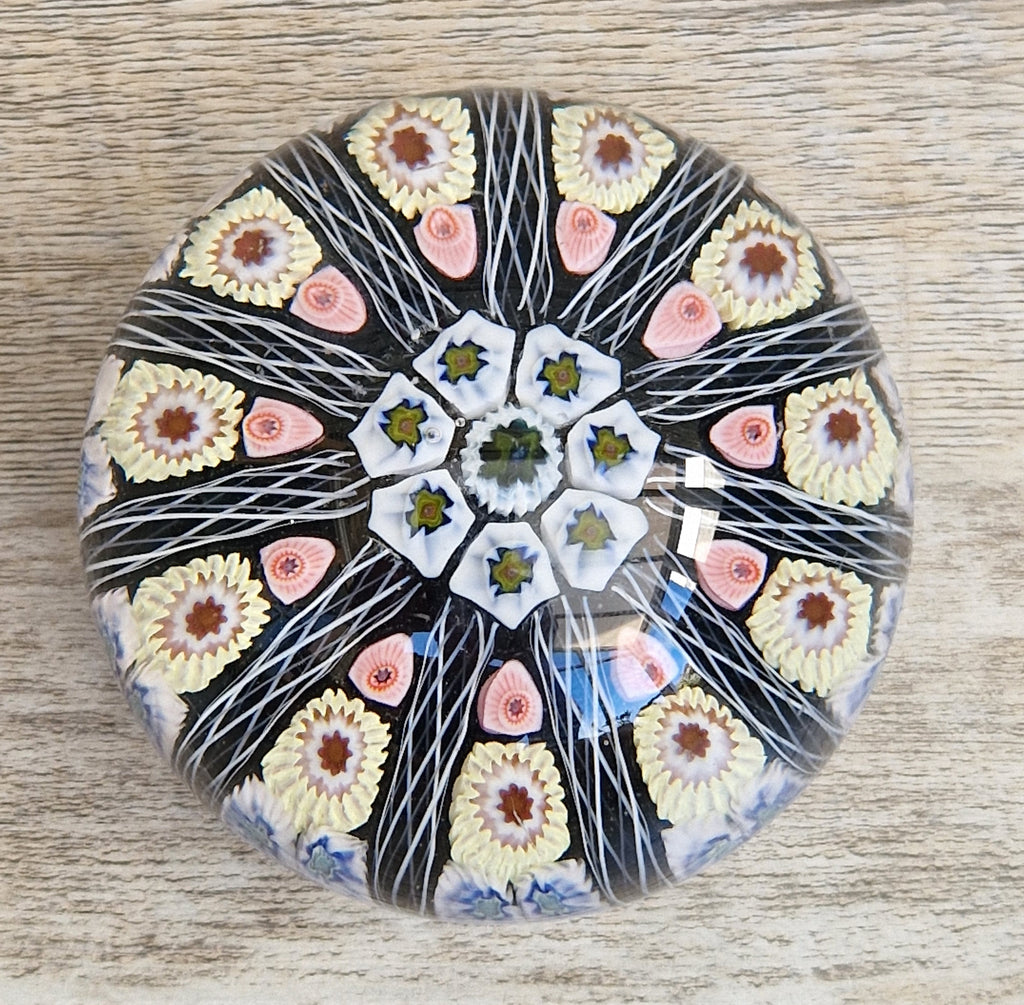 Strathearn Art Glass Paperweight 11 Spoke Millefiori with Filligree on Purple Ground Vintage