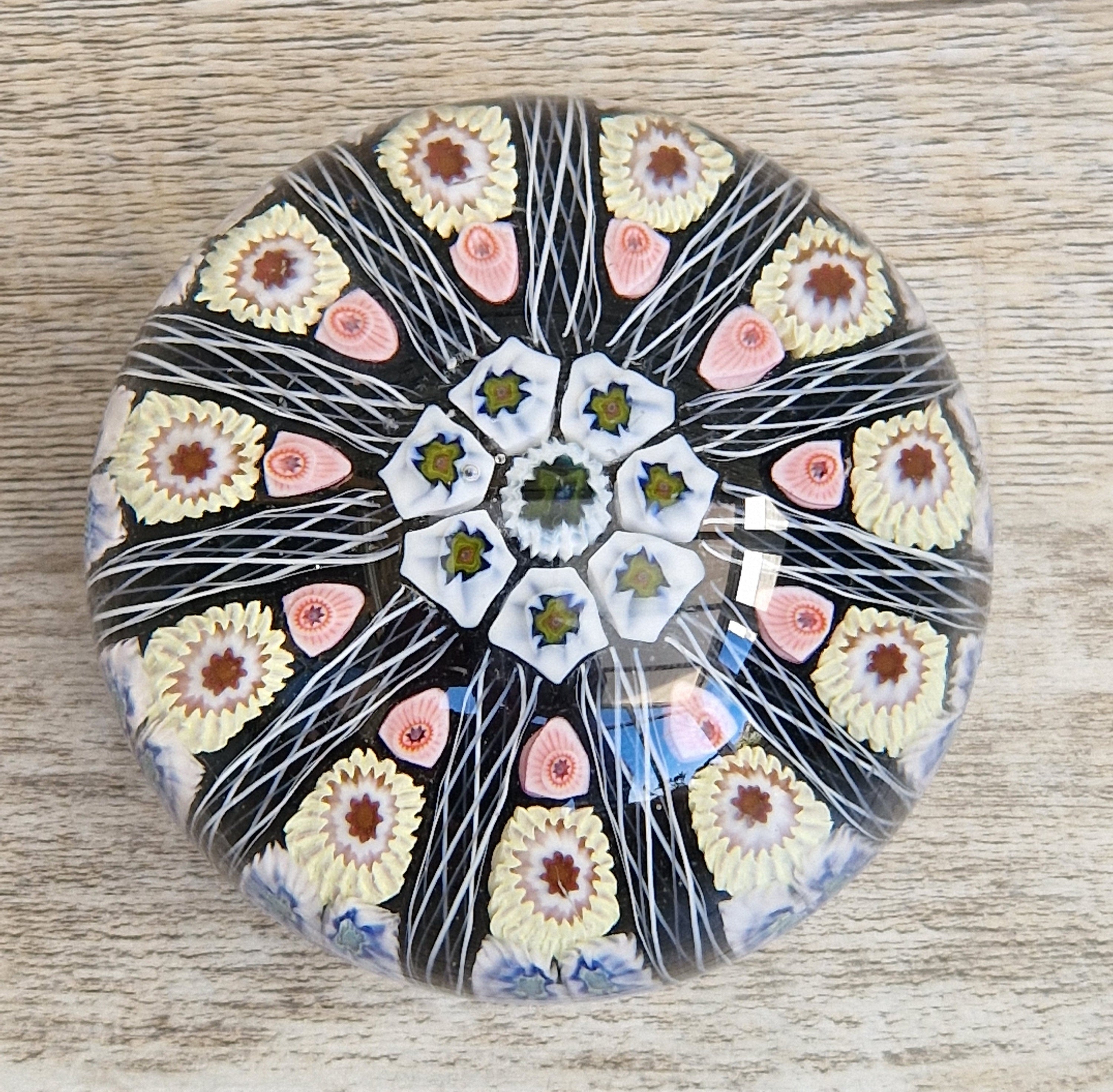 Strathearn Art Glass Paperweight 11 Spoke Millefiori with Filligree on Purple Ground Vintage
