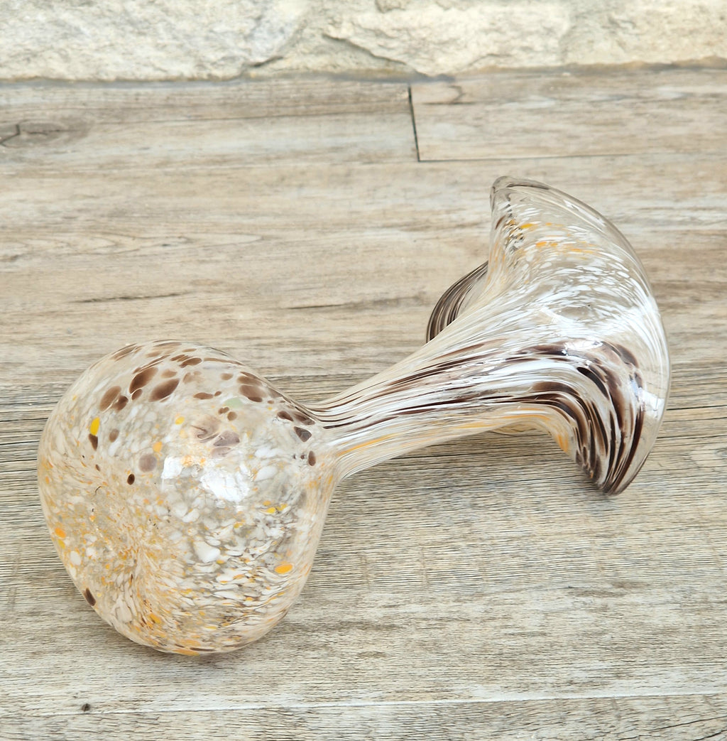 Vintage Art Glass Confetti Vase, Handblown Clear Glass with White, Amber, Brown Flecks, Flared Rim
