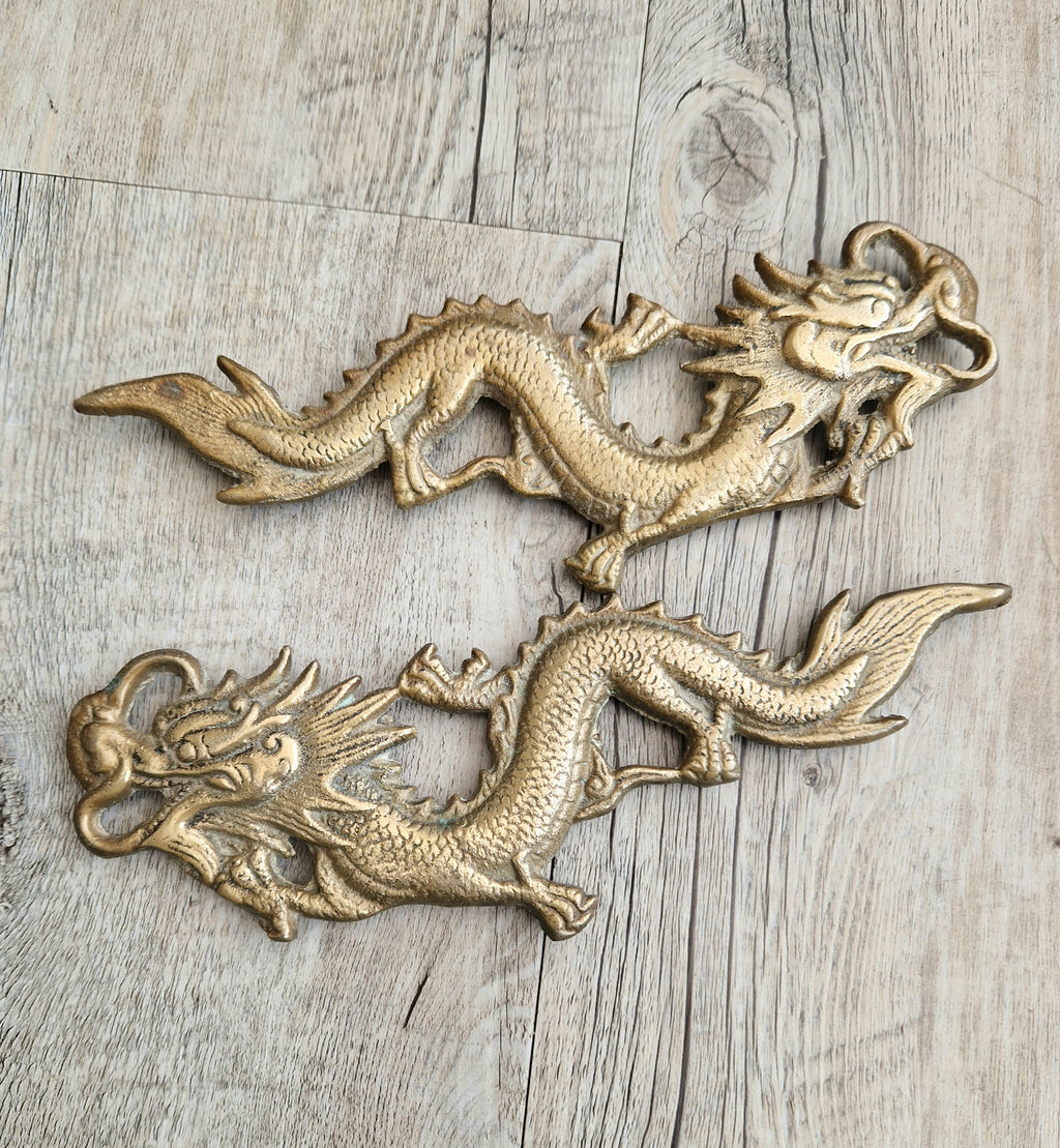 Pair Of Antique Heavy Cast Brass Chinese Dragons Wall Decoration or Door Pulls 22cm
