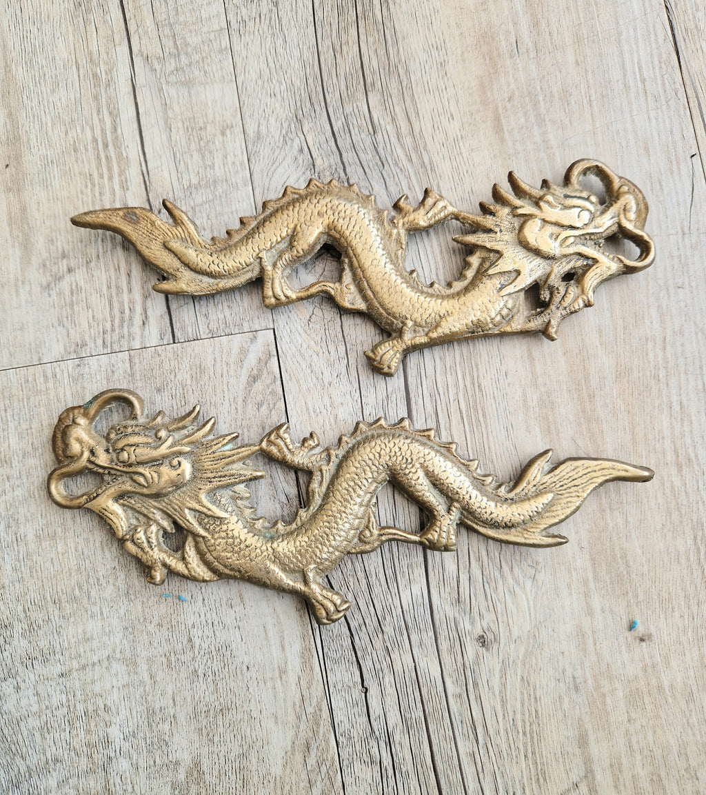 Pair Of Antique Heavy Cast Brass Chinese Dragons Wall Decoration or Door Pulls 22cm