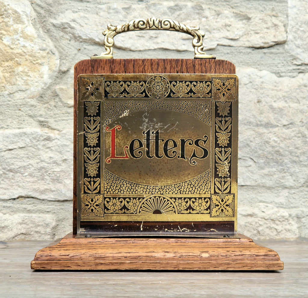 Antique Arts & Crafts Brass And Quarter Sawn Oak Gentleman's Handled Double Letter Rack Stand