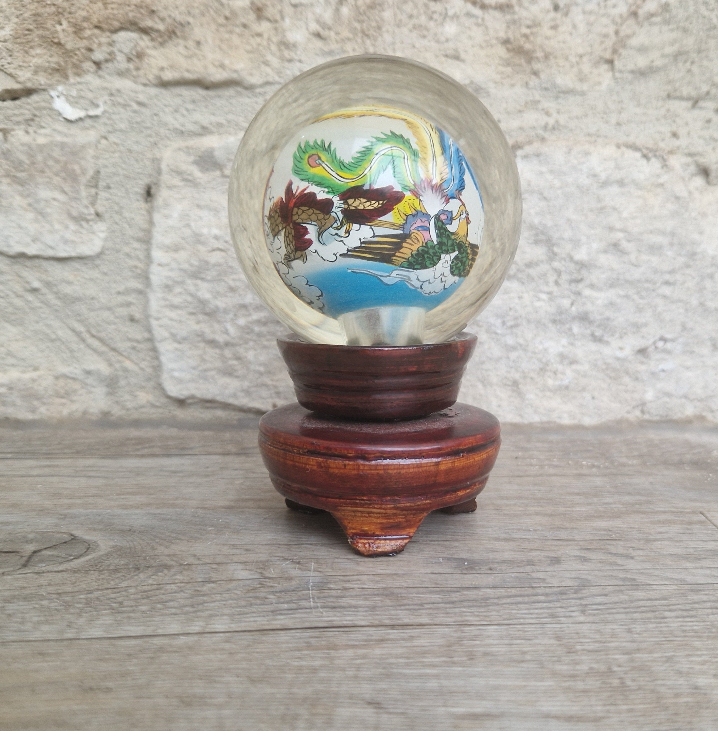 Vintage Chinese Reverse Painted Dragon & Pheonix Crystal Glass Ball Mounted Plinth