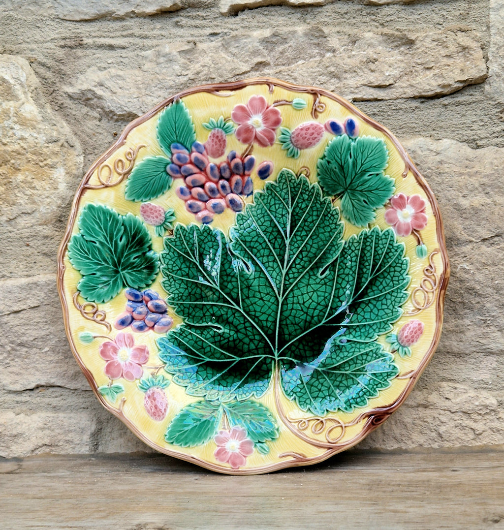 Rare Vintage Wedgwood Majolica Yellow Ground Strawberry Vine Plate 1930s English Pottery Exceptional Condition Grape Leaf & Berries