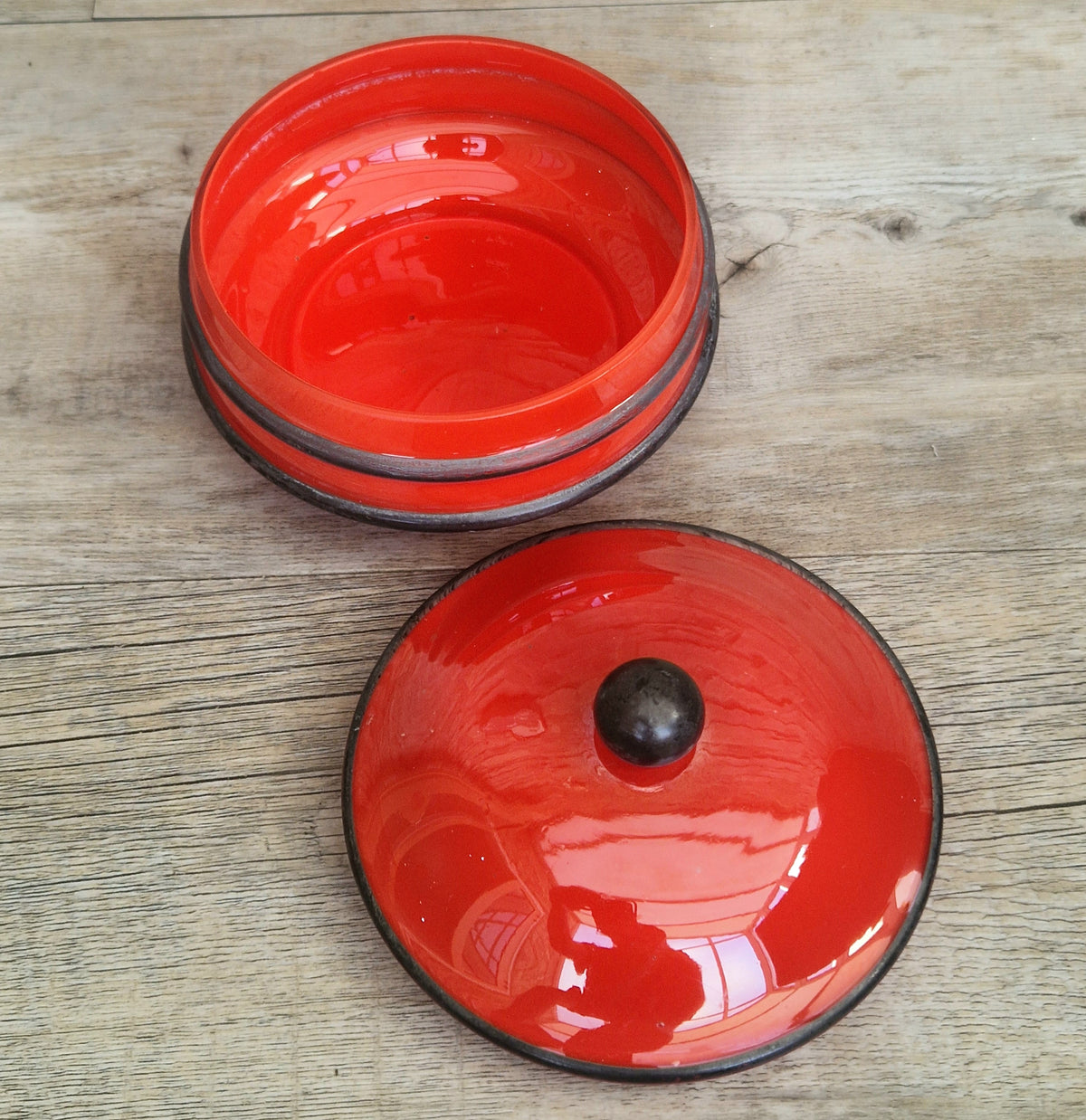 Art Deco Bohemian Red Black Hooped Glass Powder Box Covered Vanity Jar Jar Lid 12cm