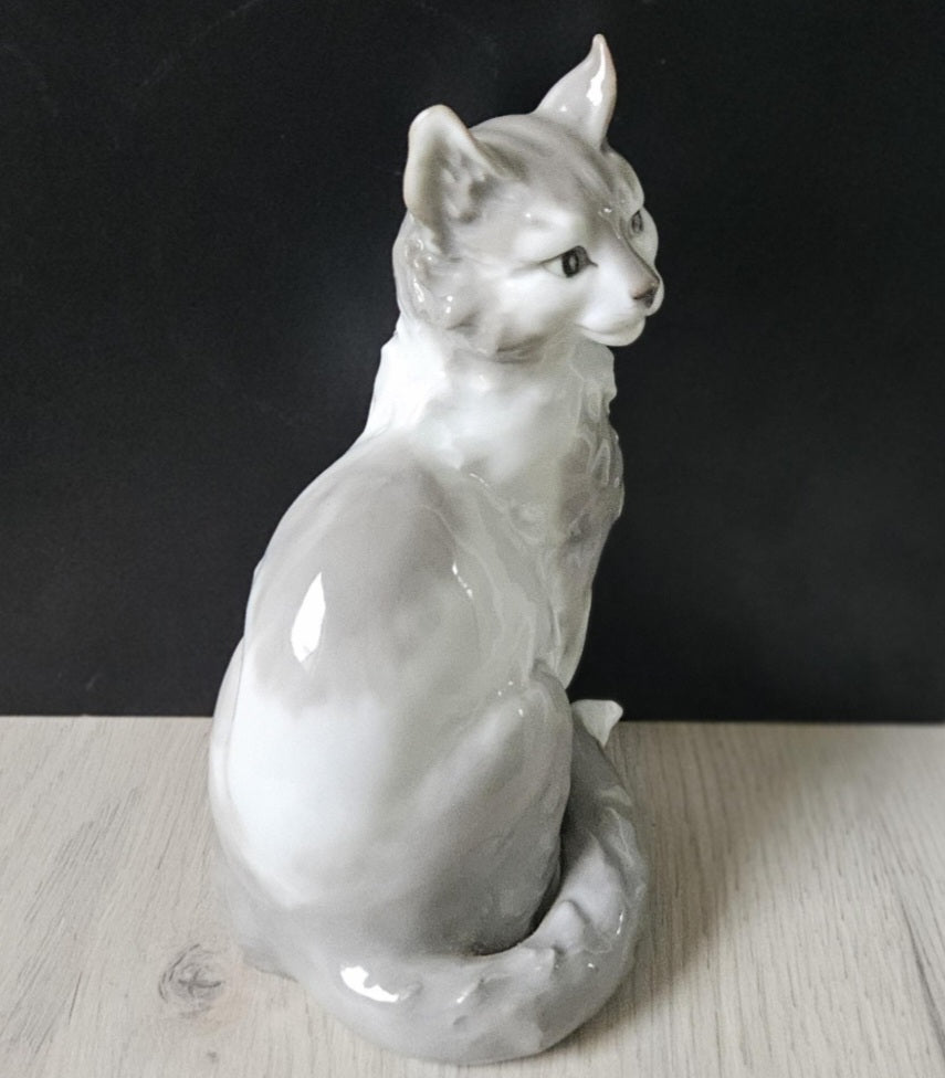 Vintage Cat Ornament Grey White Glazed Porcelain Sitting Cat Pointy Ears 8" Tall