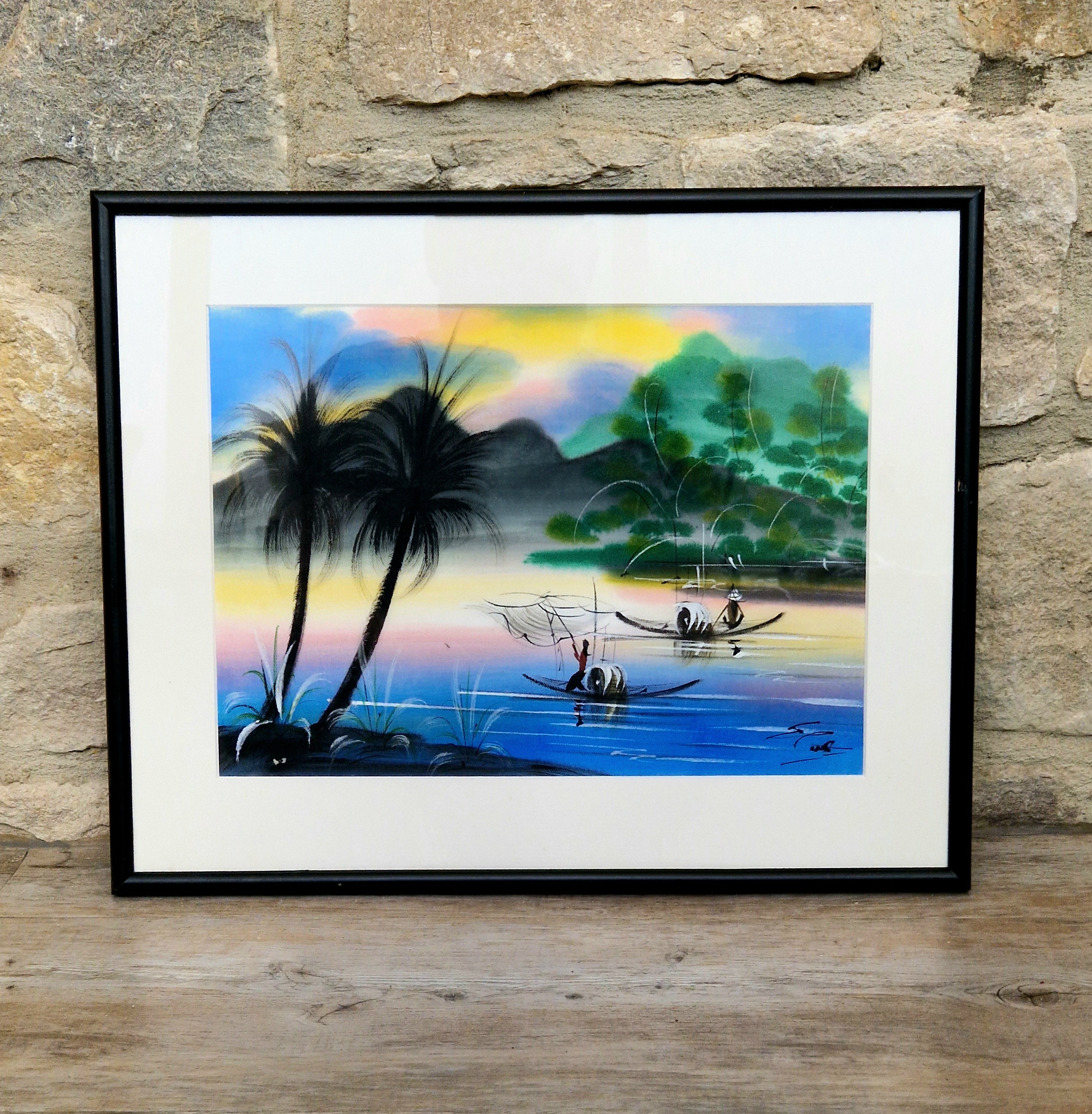 Vintage Silk Painting Framed River Landscape Vietnamese Traditional Asian Framed Wall Decor.