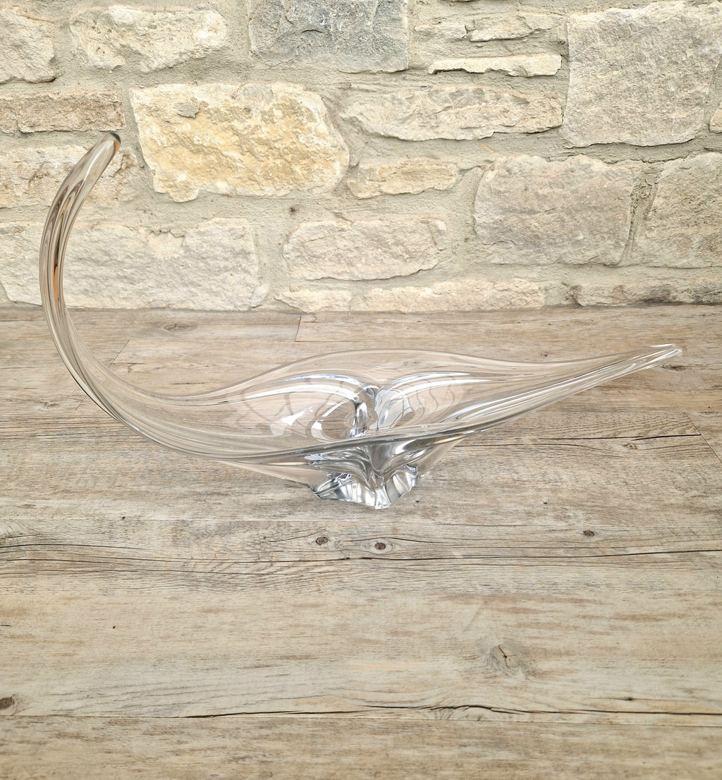 Vintage Art Vannes France Signed Lead Crystal Centerpiece | 1950s Mid Century Modern Biomorphic Freeform Sculptural Glass Bowl
