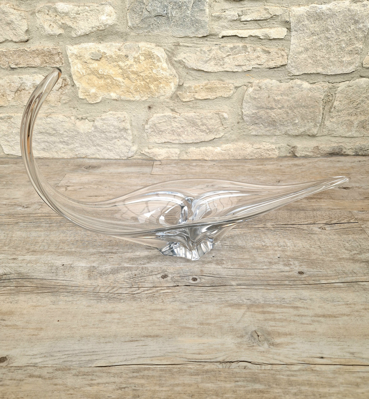 Vintage Art Vannes France Signed Lead Crystal Centerpiece | 1950s Mid Century Modern Biomorphic Freeform Sculptural Glass Bowl