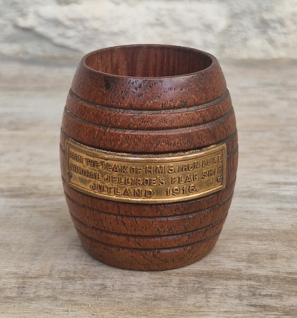 HMS Iron Duke Teak Barrel WWI Battle of Jutland Maritime Relic Admiral Jellicoe Flagship Souvenir Treen Match Holder Vesta