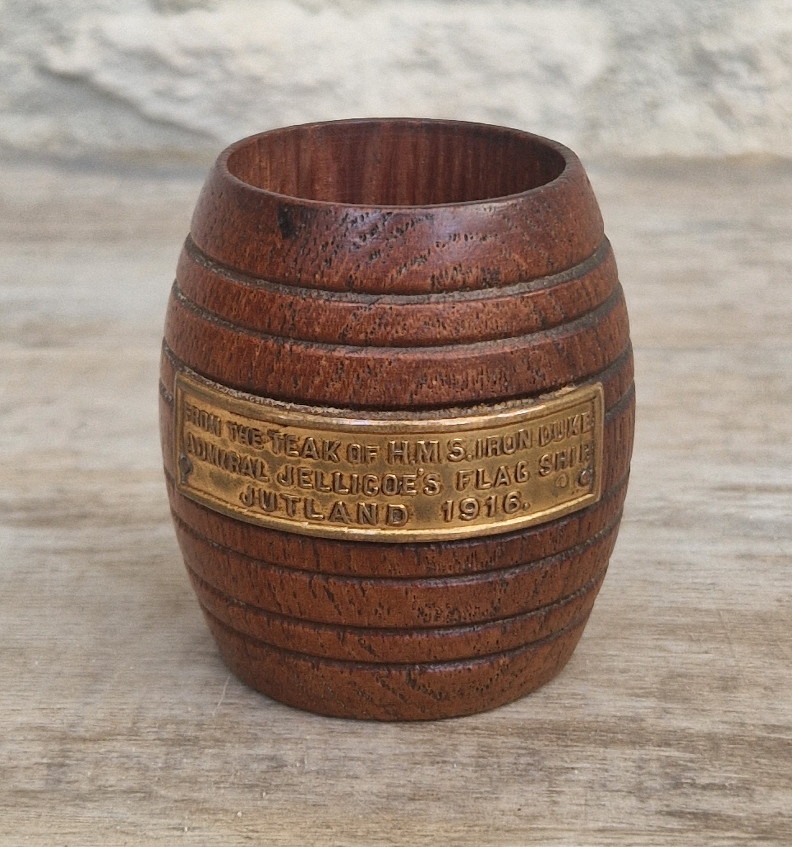 HMS Iron Duke Teak Barrel WWI Battle of Jutland Maritime Relic Admiral Jellicoe Flagship Souvenir Treen Match Holder Vesta