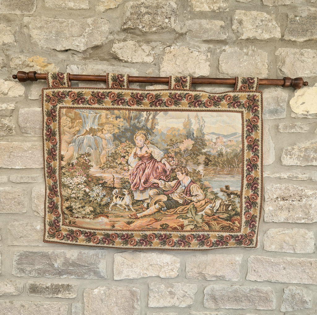 Vintage French Jaquard Pastoral Tapestry Wall Hanging Mounted on Oak Finialled Pole Linned & Finished in England 86cm x 62cm