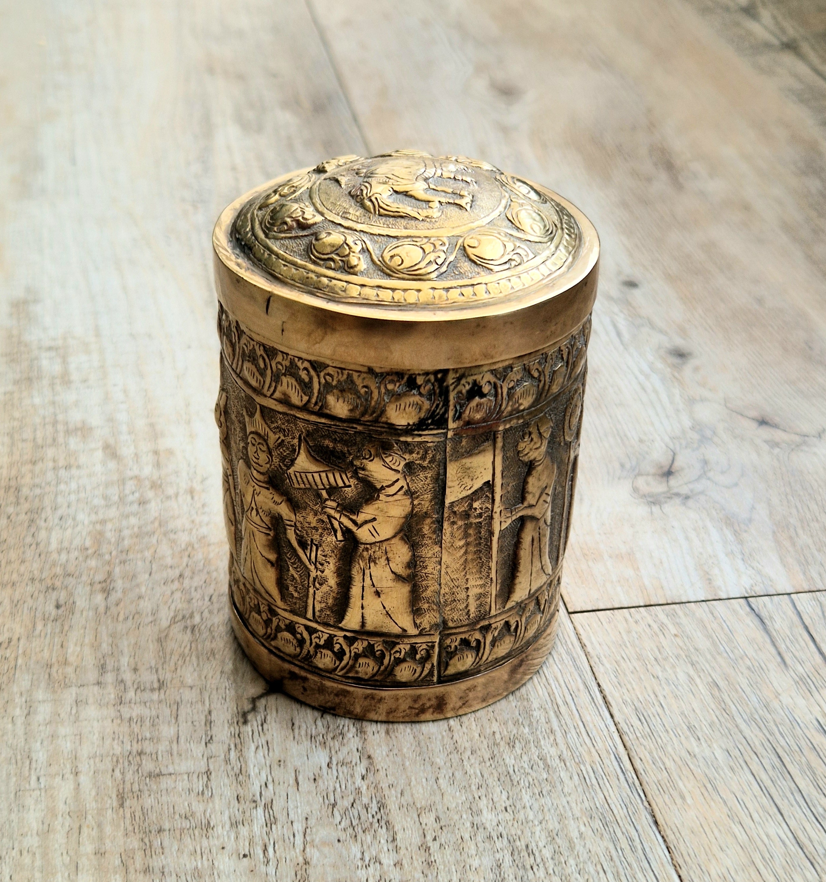 19th Century Brass Rapousse Betel Nut Lidded Decorative Canister
