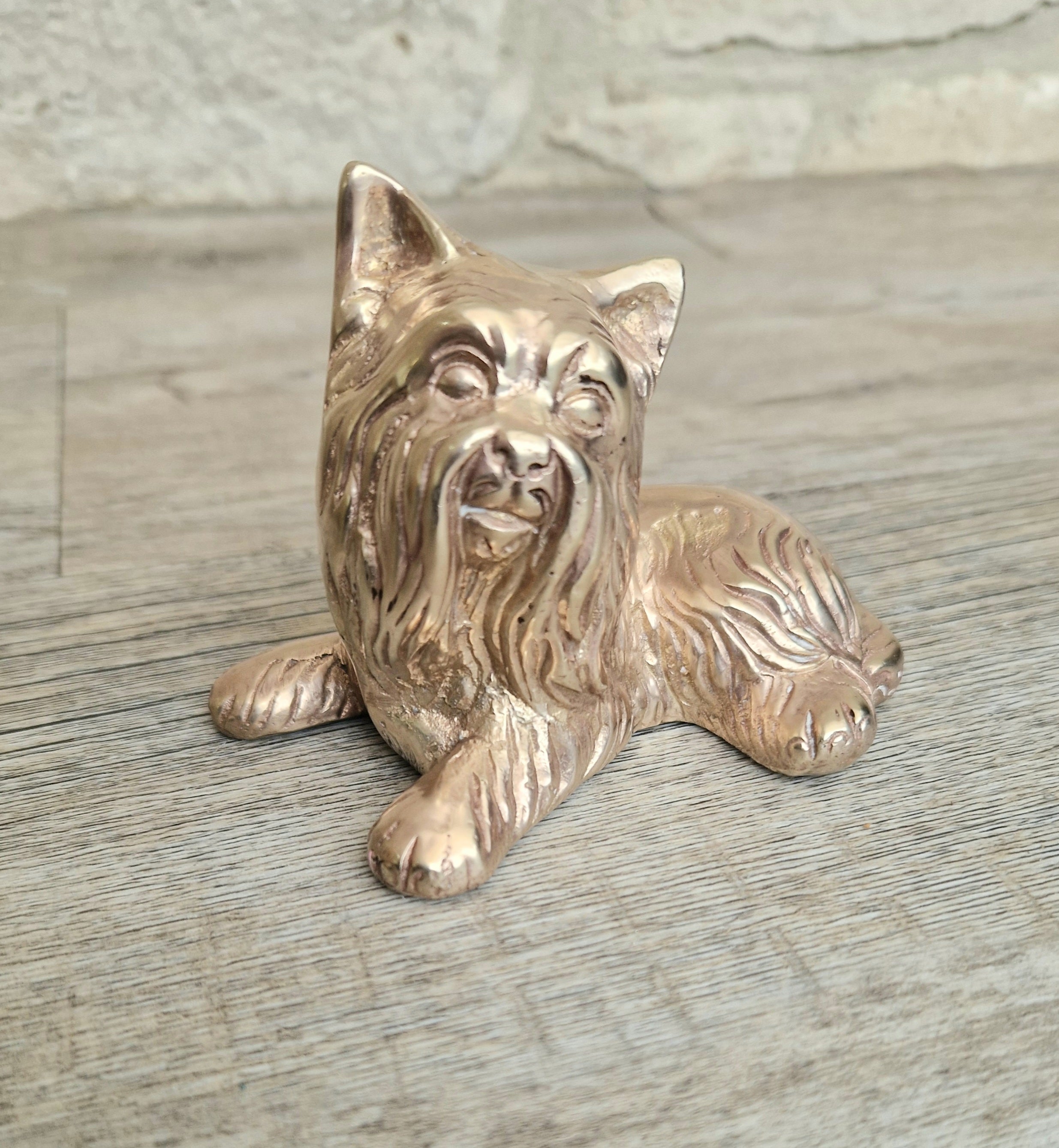 Vintage Solid Brass Yorkshire Terrier Figure Ornament 10cm