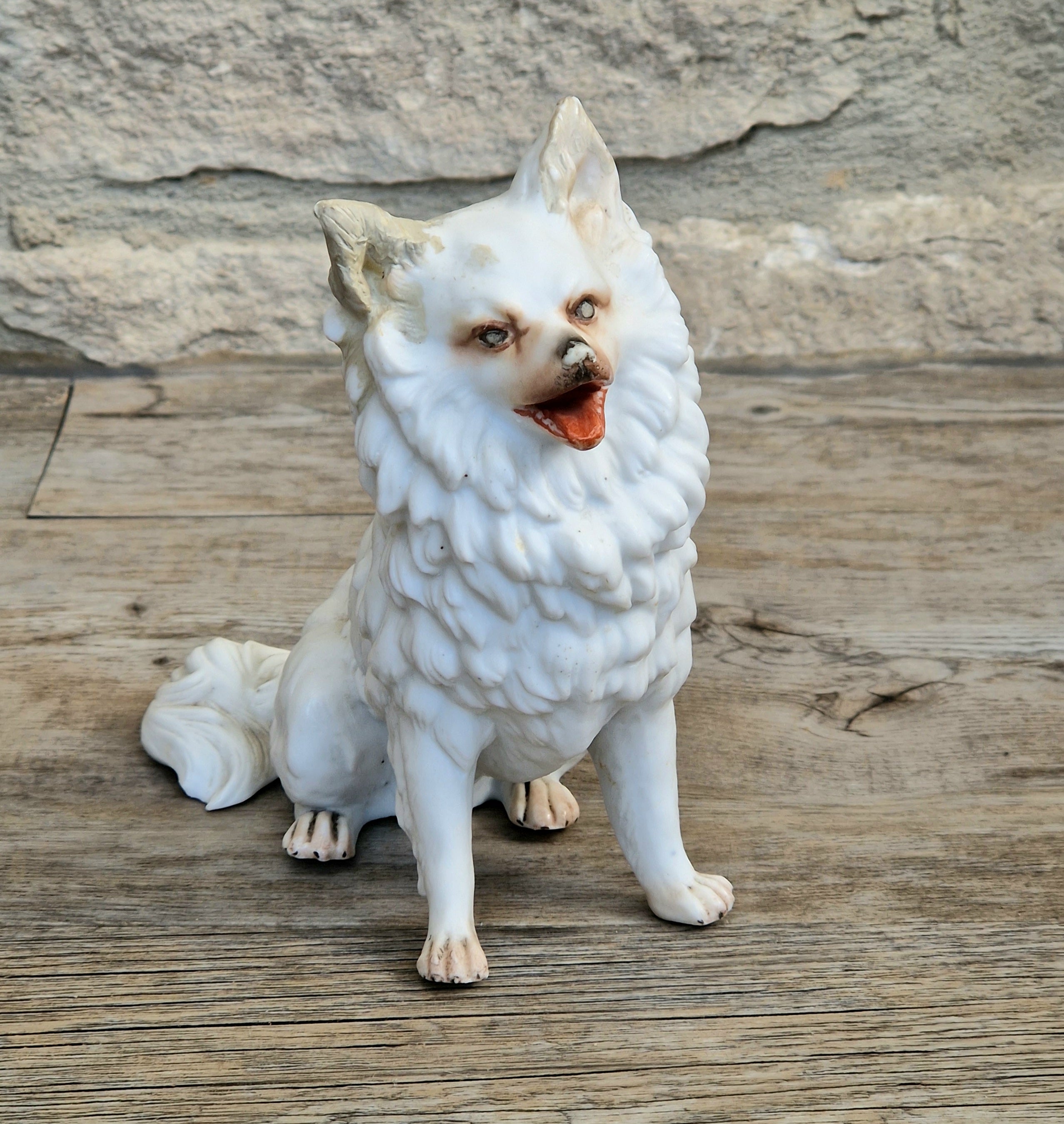 Antique Heubach Bisque Sitting Panting Spitz Dog: German Figure, Circa 1864-1880