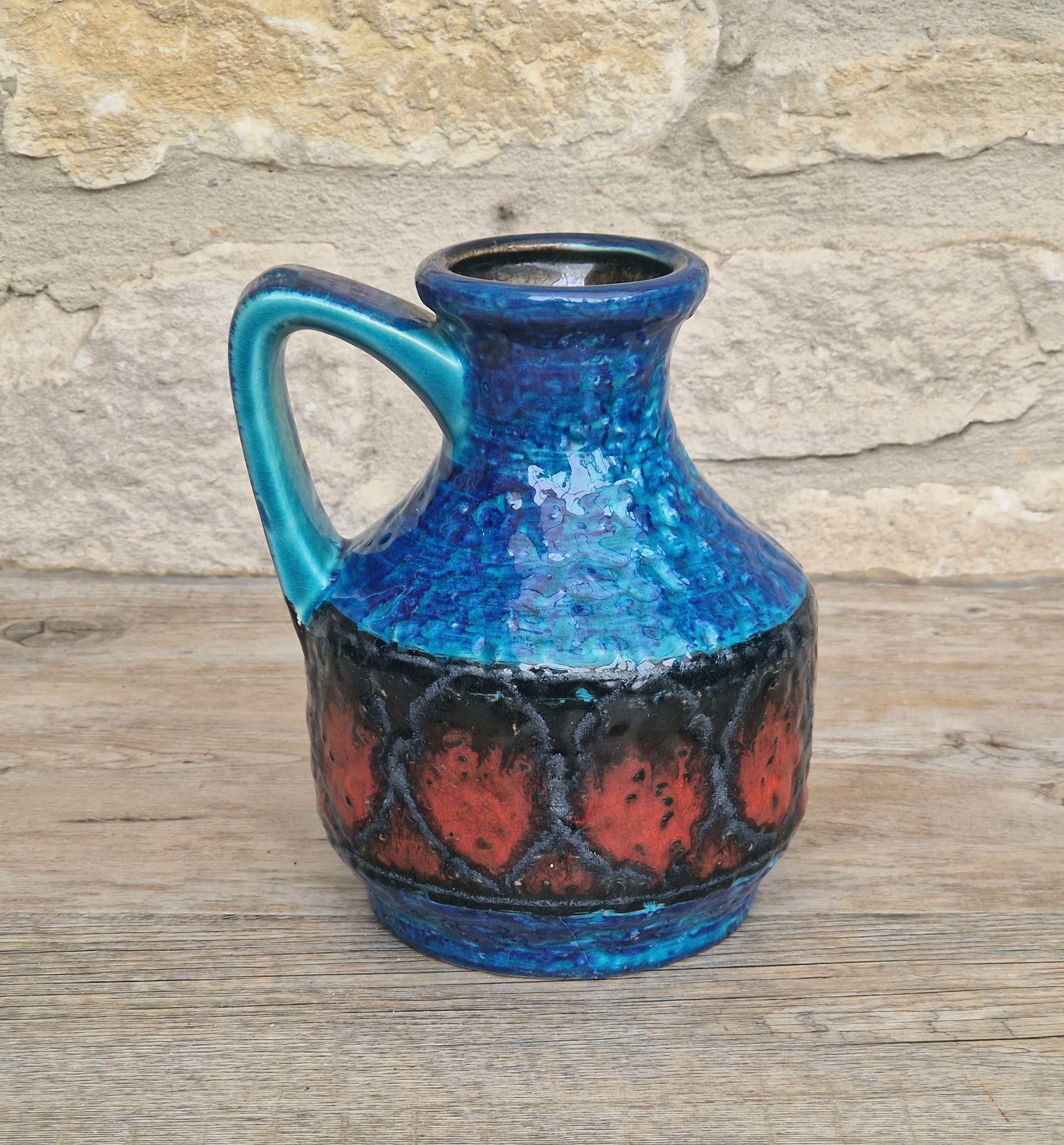 Bay Keramik West German Fat Lava Pottery Jug Vase Mid-Century Bright Blue Vintage