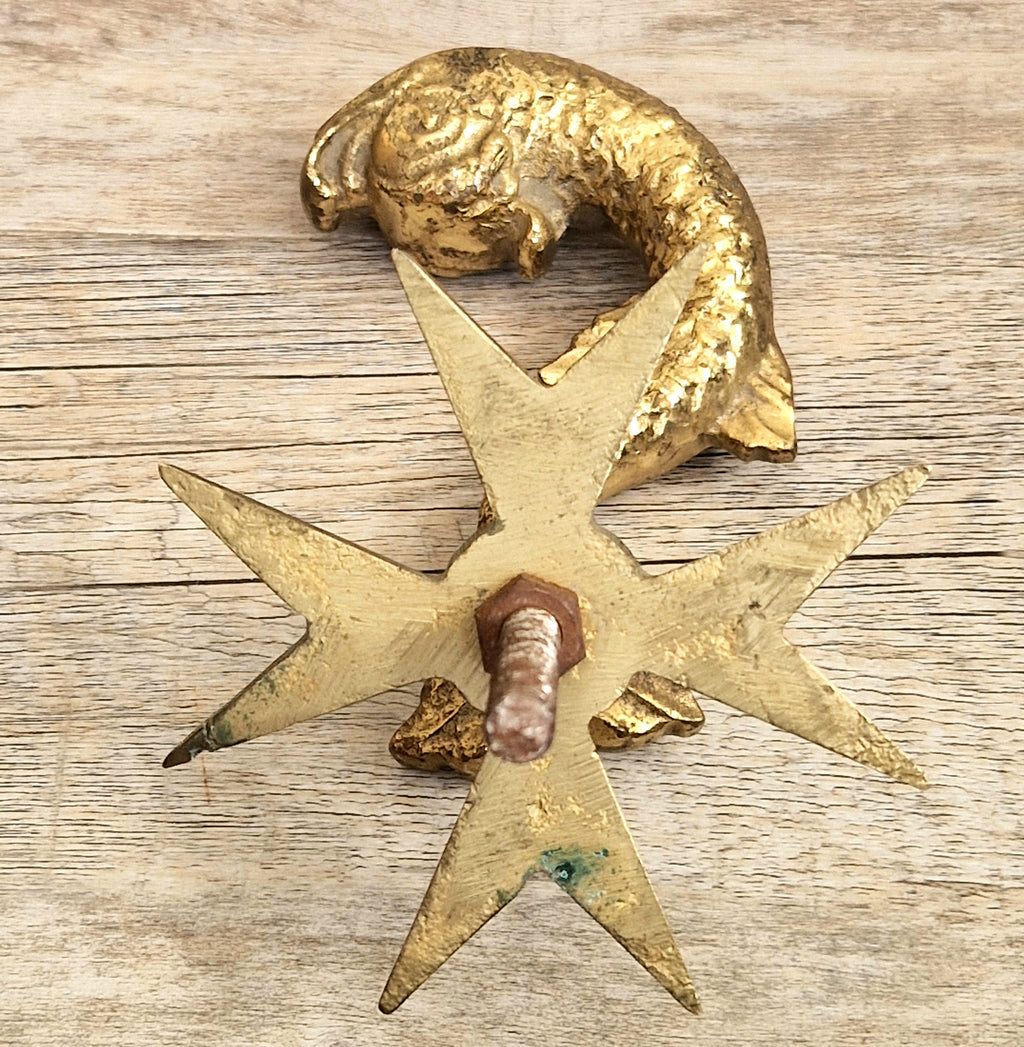 Vintage Heavy Cast Brass Maltese Cross & Dolphin Door Knocker 1950's