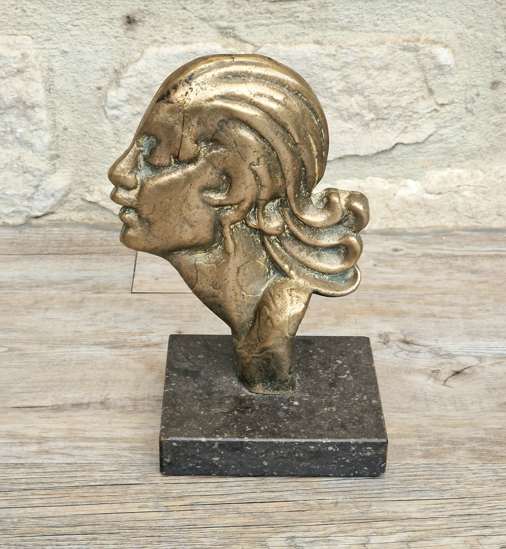 Art Deco Cast Bronze Girl's Head Profile Black Marble Mounted Desk Sculpture