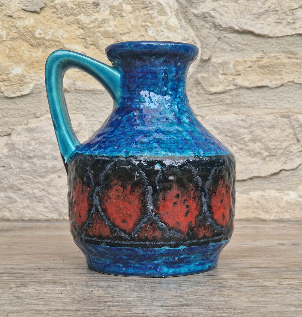 Bay Keramik West German Fat Lava Pottery Jug Vase Mid-Century Bright Blue Vintage