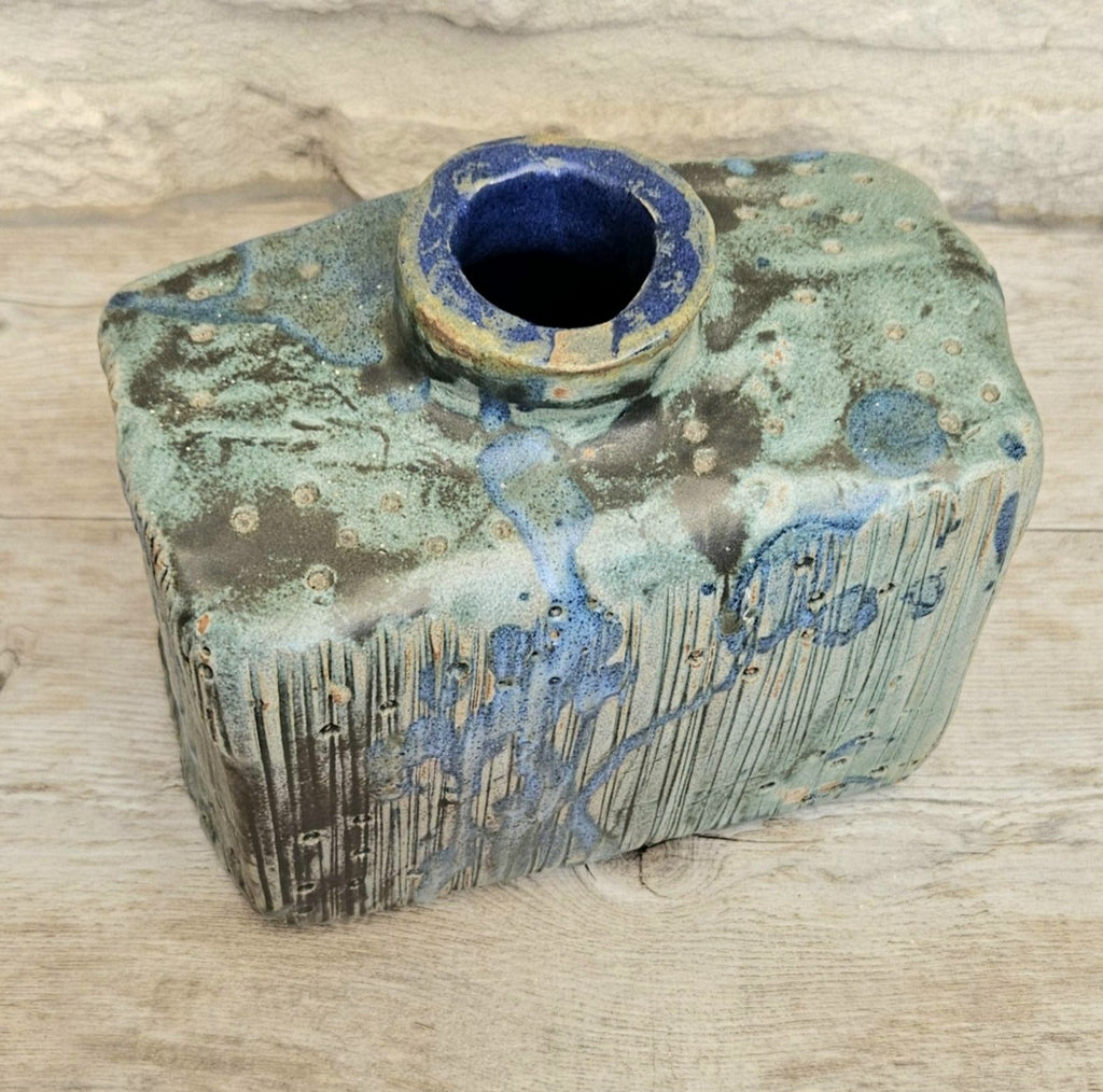 Mcm Vase Dripware Ceramic Blue Decorative Stoneware Berachah Pottery Devon England 14cm X 14cm