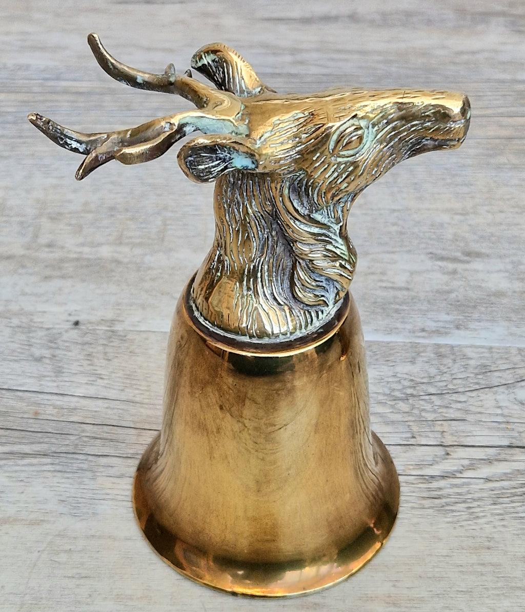 Pair Vintage Brass Stag Stirrup Cups Silver Plated Interiors Naturally Patinated Hunting Barware 1970s