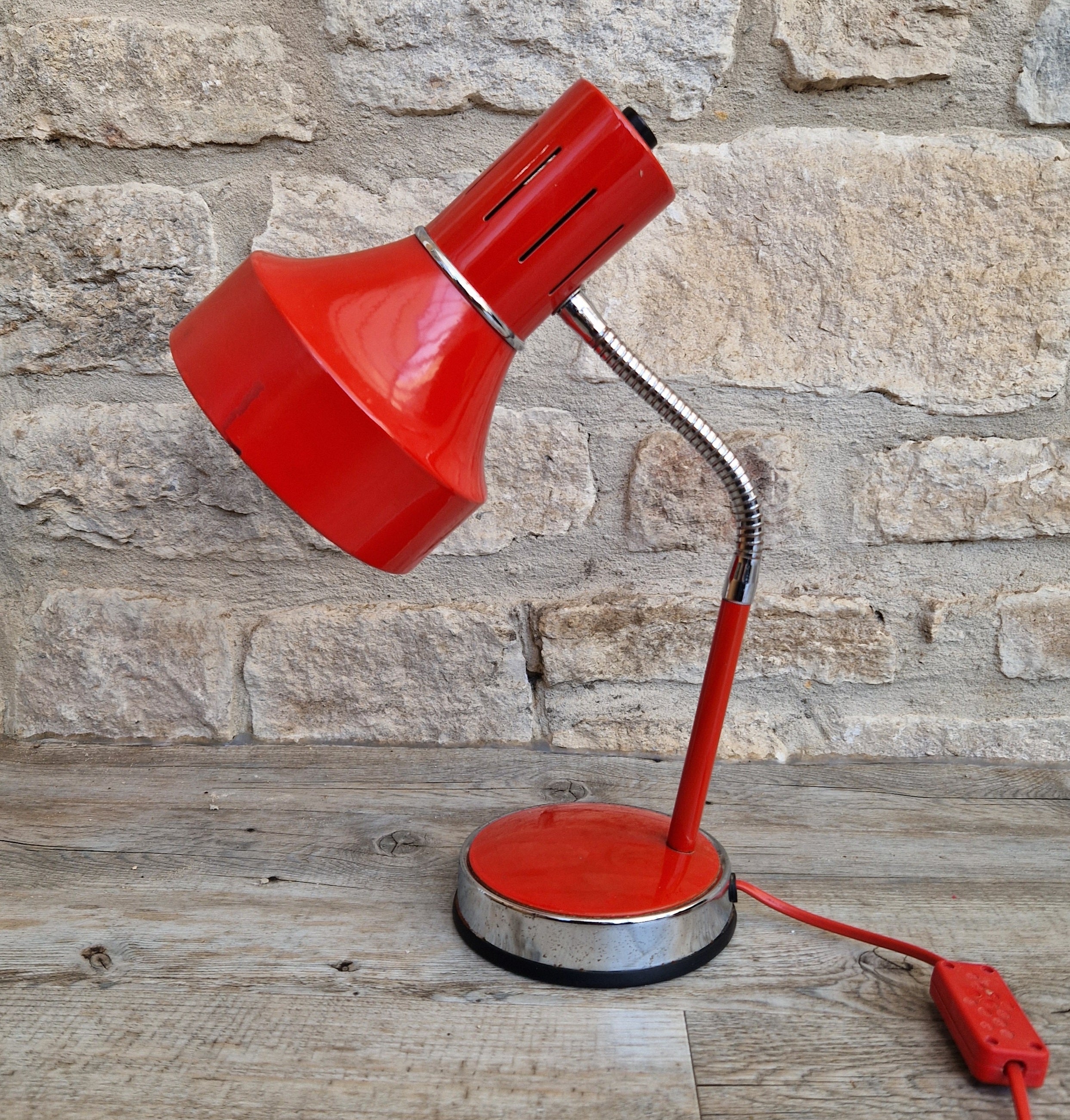 1980s Cherry Red Desk Lamp: Mid Century Space Age Flexible Lamp