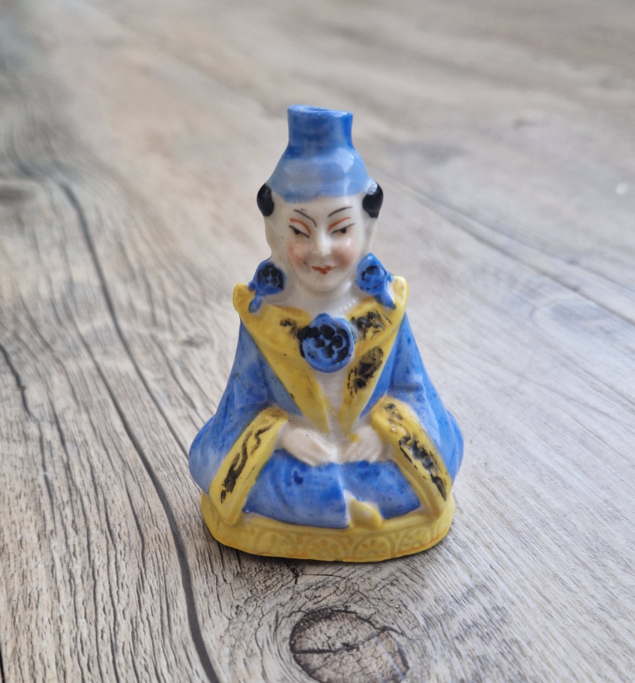 Antique Sitzendorf Ceramic Seated Figure Perfume Bottle - Missing Crown Top