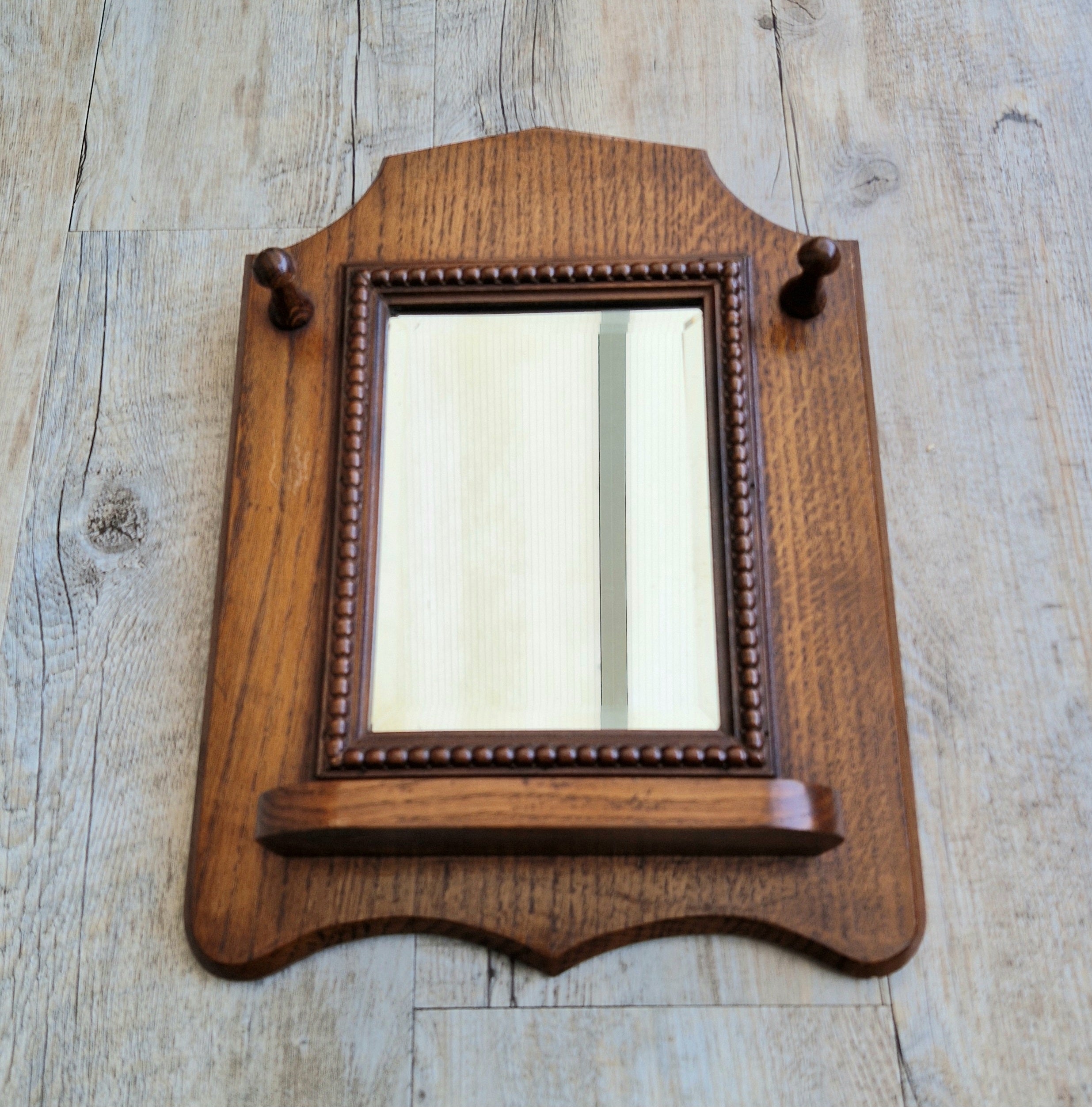 English Oak Arts & Crafts Wall Mirror Bevelled And Beaded Antique Mirror With Shelf And Hooks