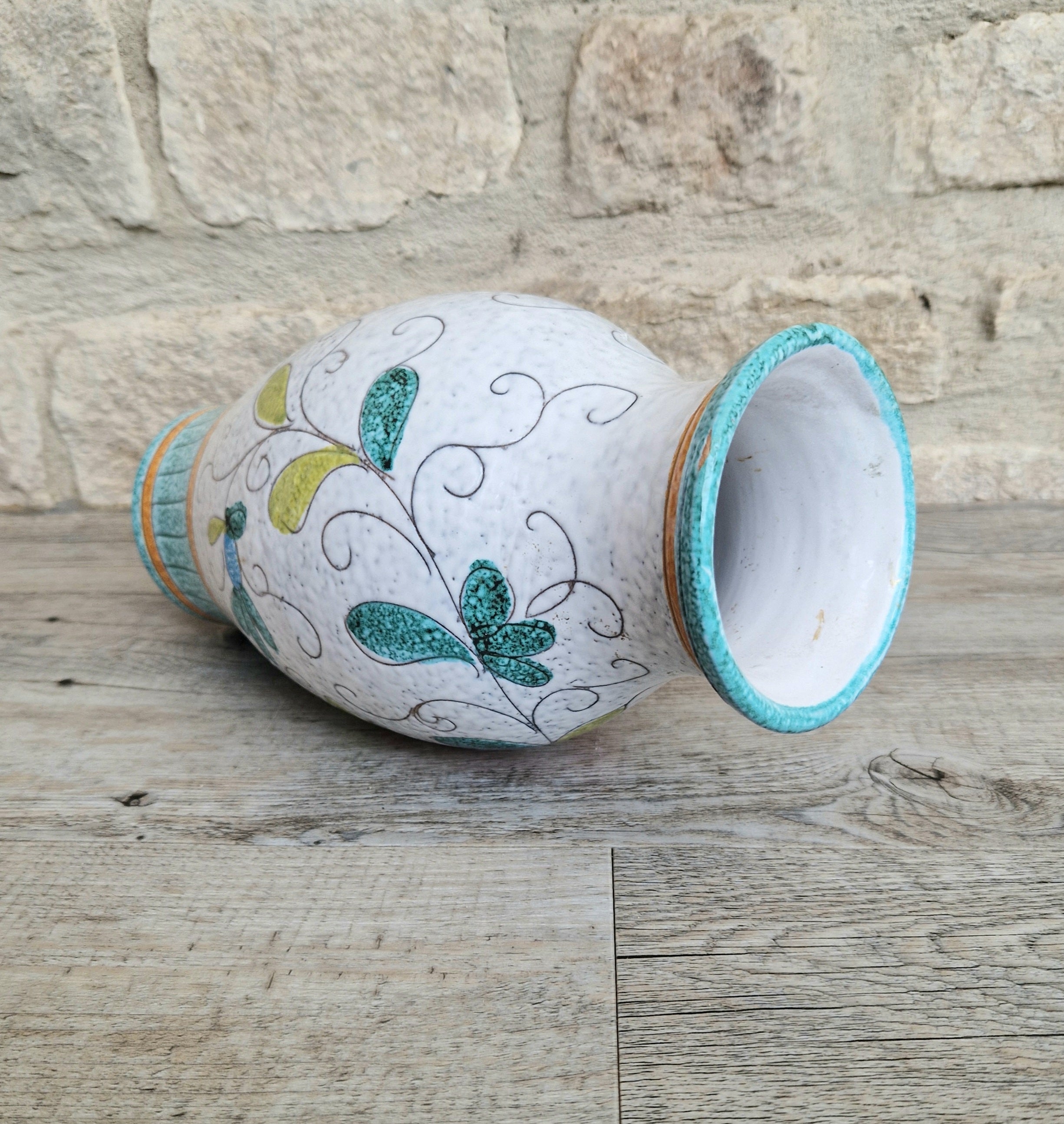 Vintage Large Italian Ceramic Floral Majolica Vase Sgraffito Technique Fratelli Fanciullacci 26cm Tall
