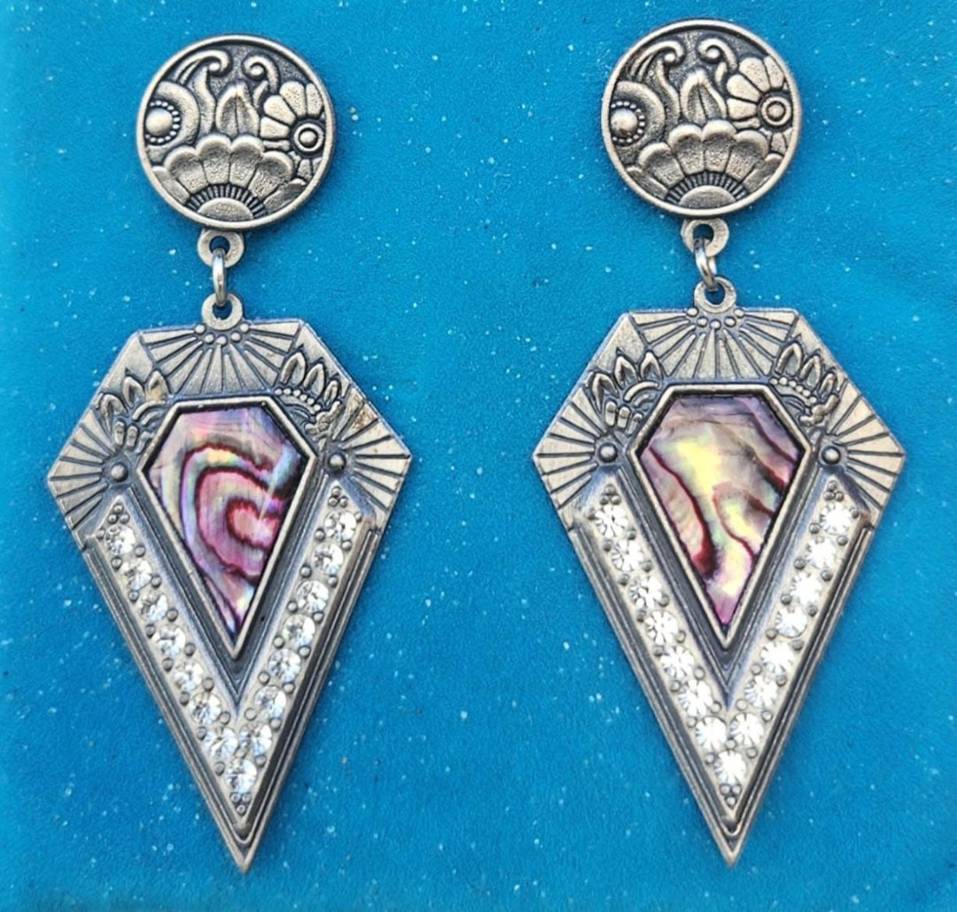 Vintage Art Deco Style Earrings Duri Drop Dangle Stamped 1980s Pewter.