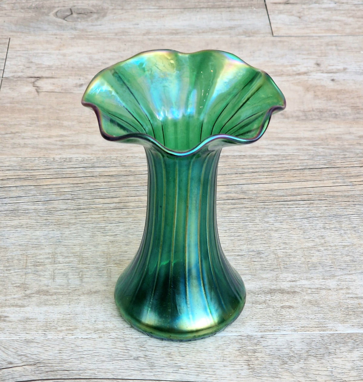Antique Loetz Art Nouveau Creta Glatt Iridescent Green Glass Fluted Vase Polished Pontil c1900
