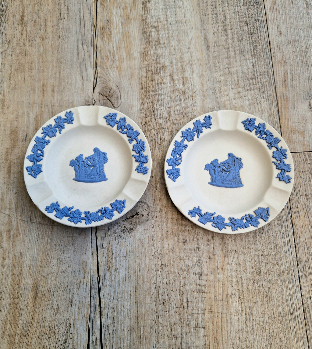 Pair Wedgwood Reverse Blue on White Jasperware Neo-Classical Pin Tray Ashtrays Vintage
