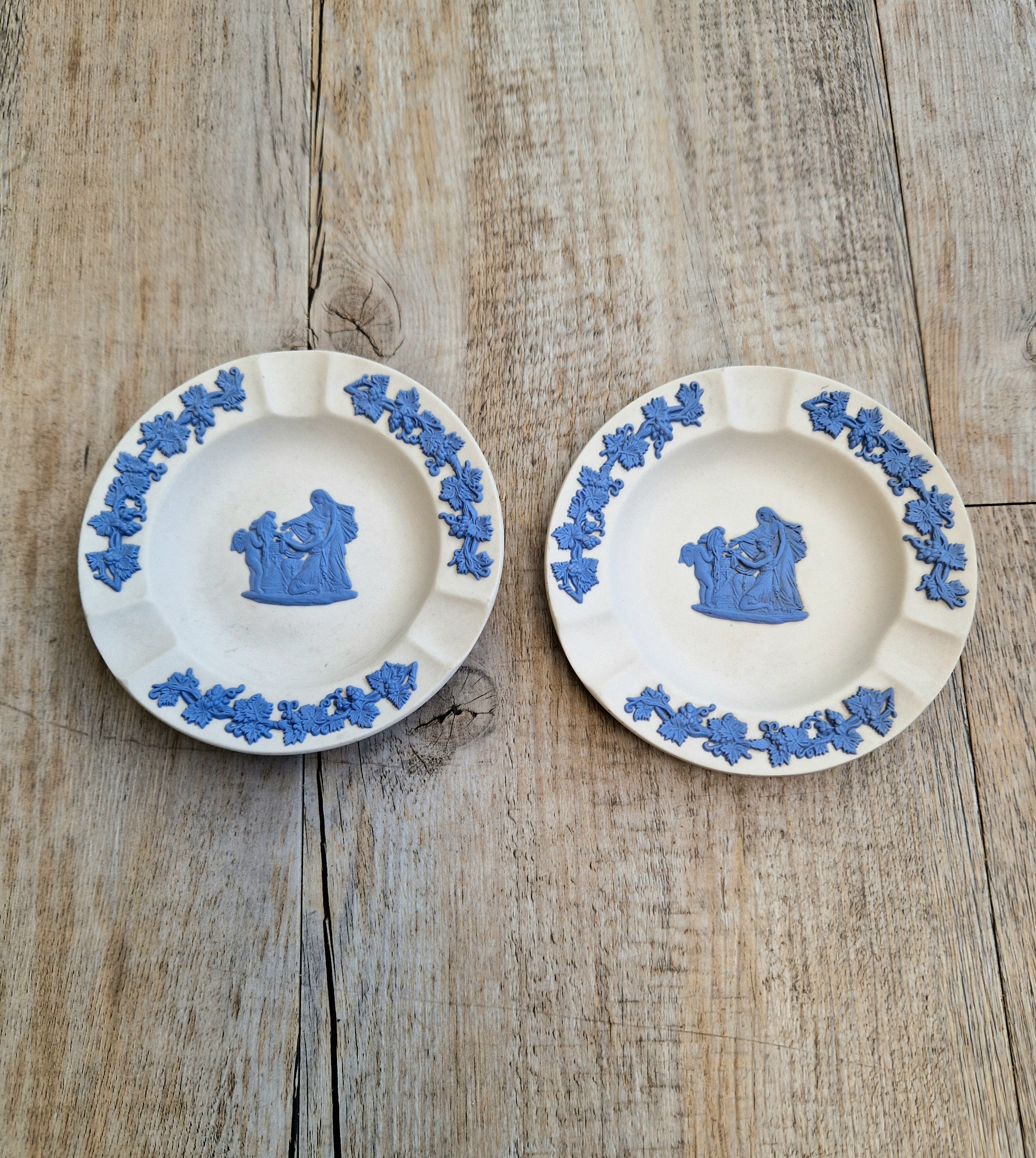 Pair Wedgwood Reverse Blue on White Jasperware Neo-Classical Pin Tray Ashtrays Vintage