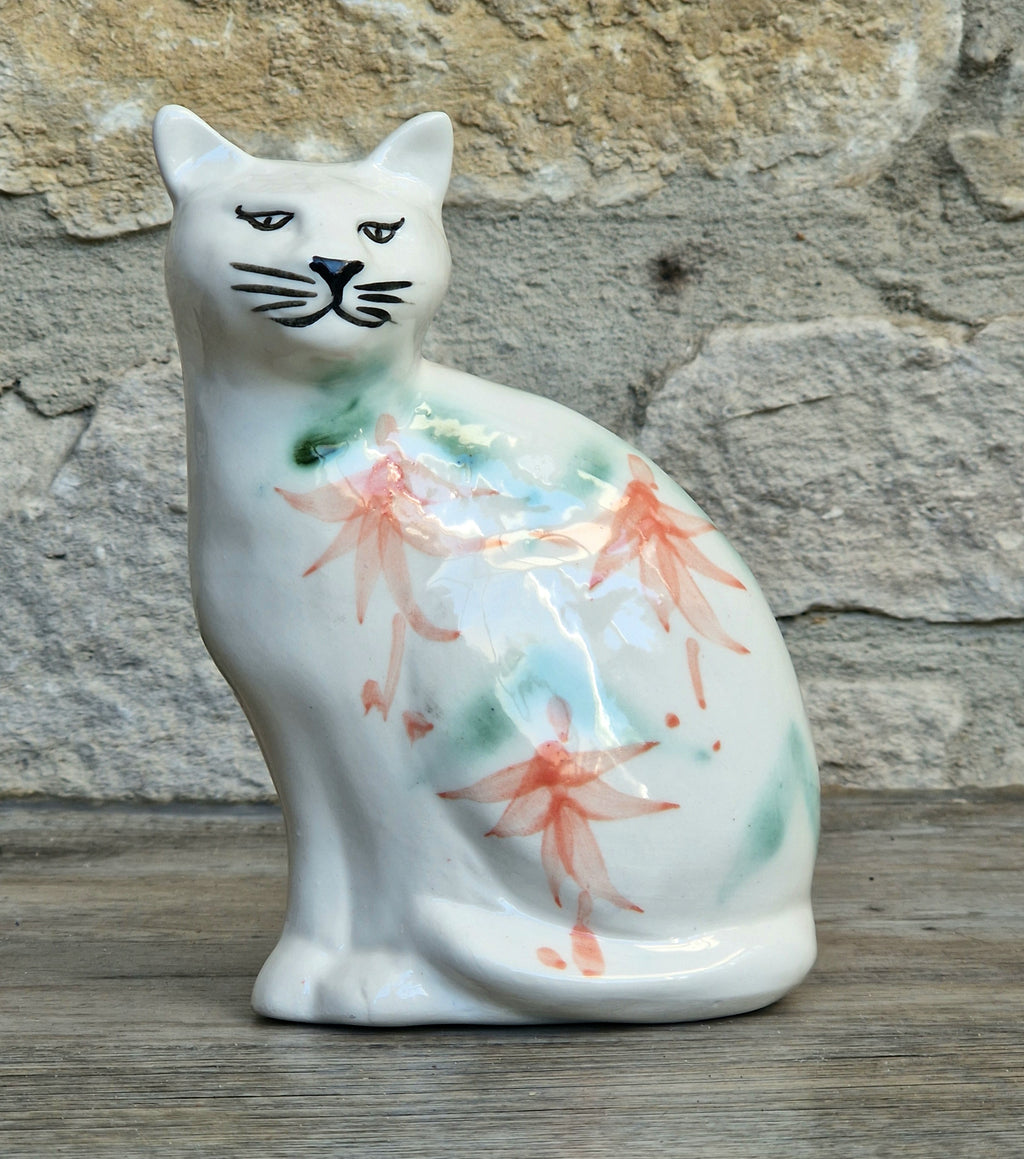 Vintage Moorland Pottery Seated Cat Figurine Hand Painted Fuchsia Floral Staffordshire Art Pottery