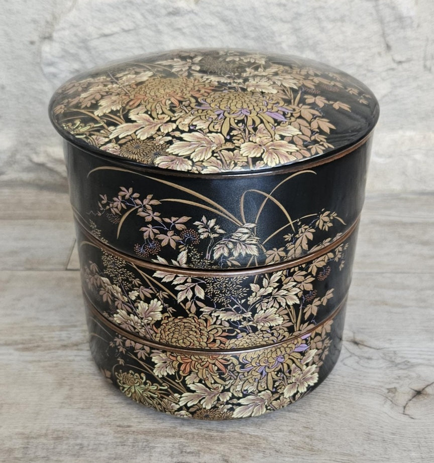 Japanese 3 Tiered Porcelain Lidded Box Butterfly Flowers Shibata Toki Vintage