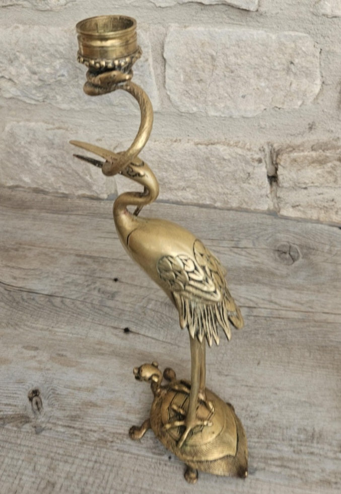 Pair of Antique Candlesticks Japanese Brass Crane Standing On Turtle With Snake Buddhist Early 20th C.