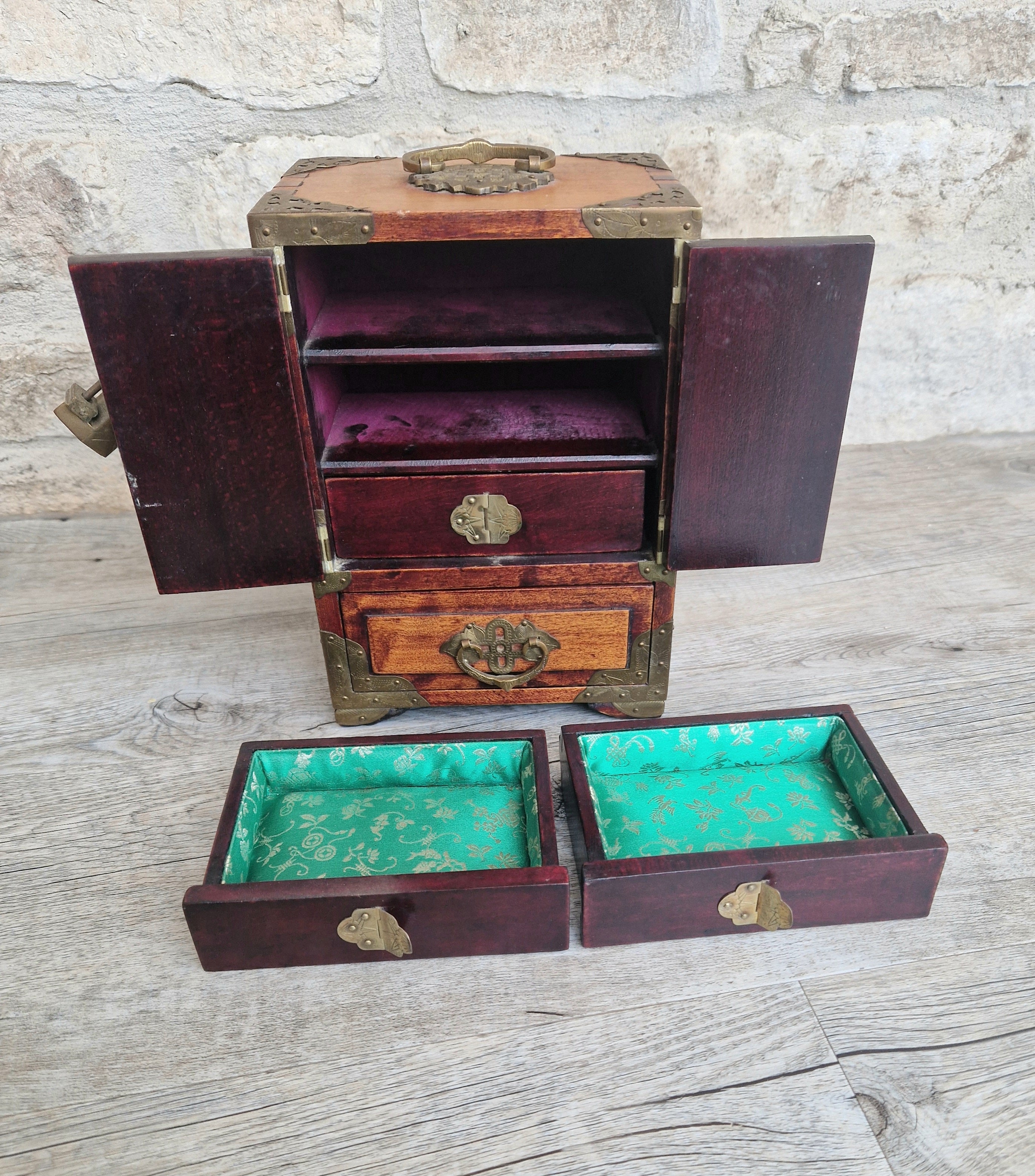 Vintage Hardwood Brass Bound Oriental Hand-Painted Chinoiserie Dragons Footed Jewellery Box Chest 1940s