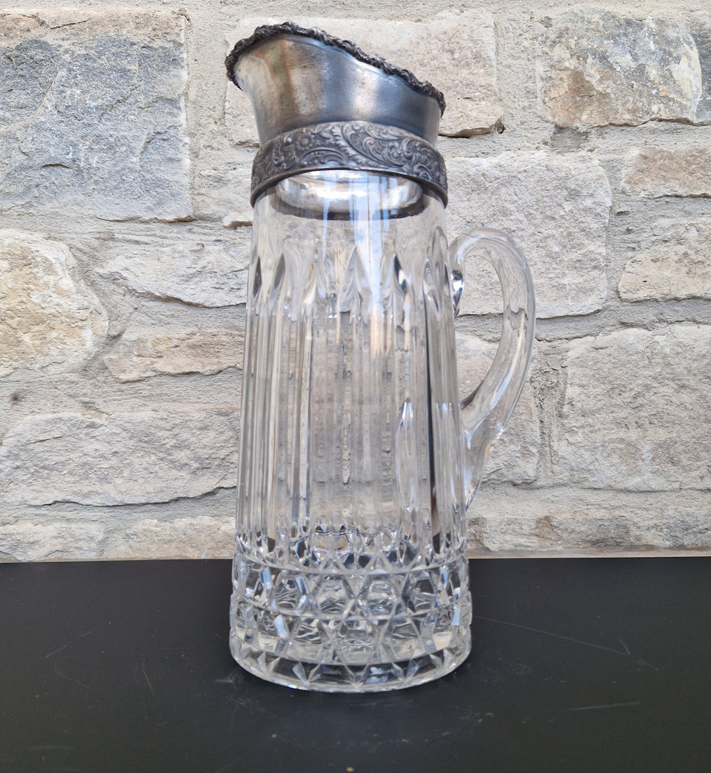 English Heavy Cut Glass & Pewter Water Pitcher Circa 1890 Antique Crystal