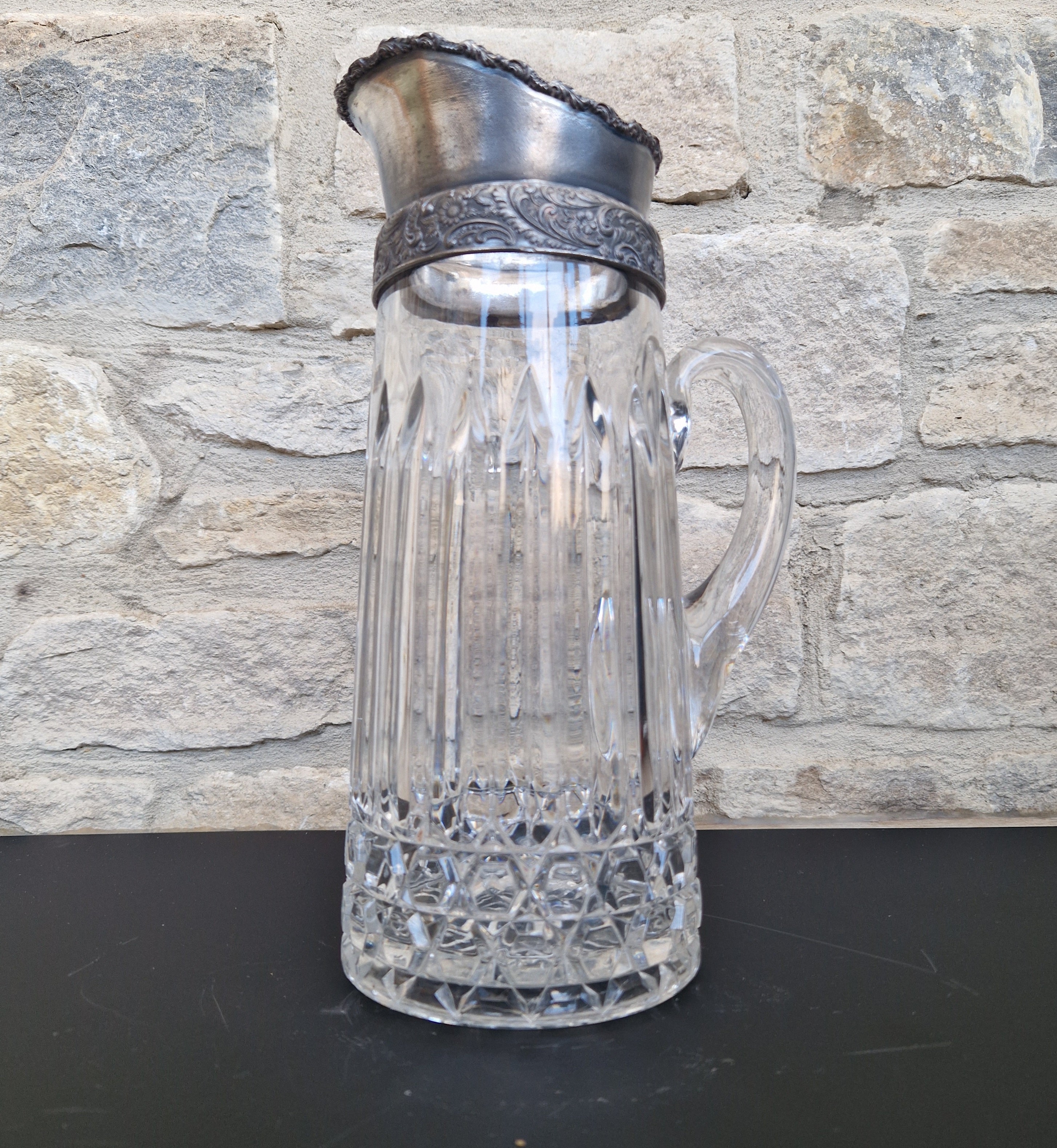 English Heavy Cut Glass & Pewter Water Pitcher Circa 1890 Antique Crystal