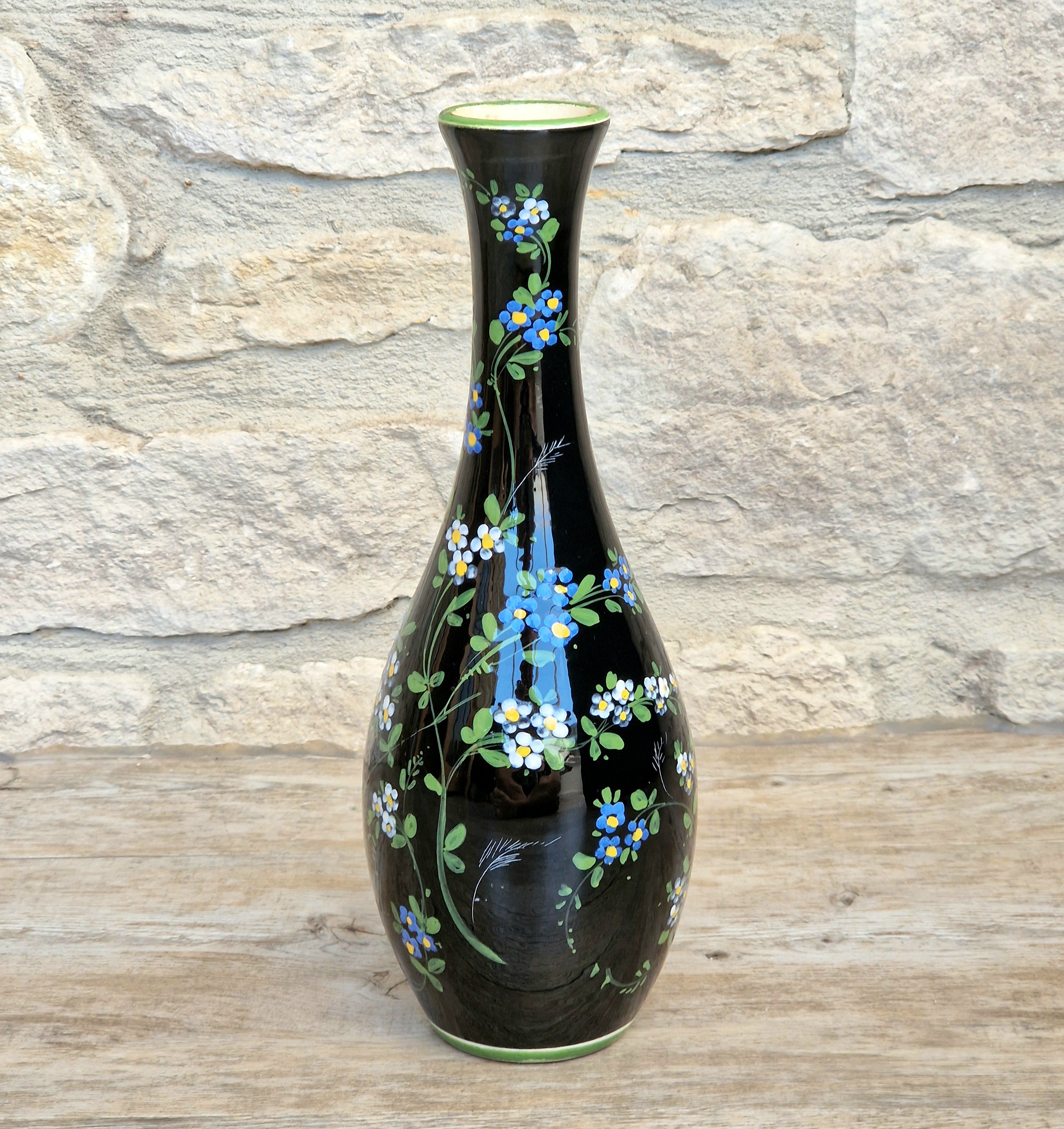 Marmaca San Marino Vase Art Ceramic Black Floral Amphora Tall Bottle Vase 1950's