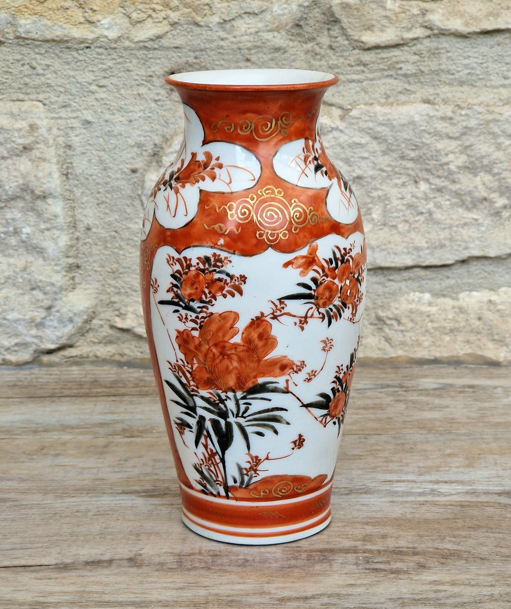 Small Antique Meiji Red Ground Gold Floral Hand-Painted Kutani Vase